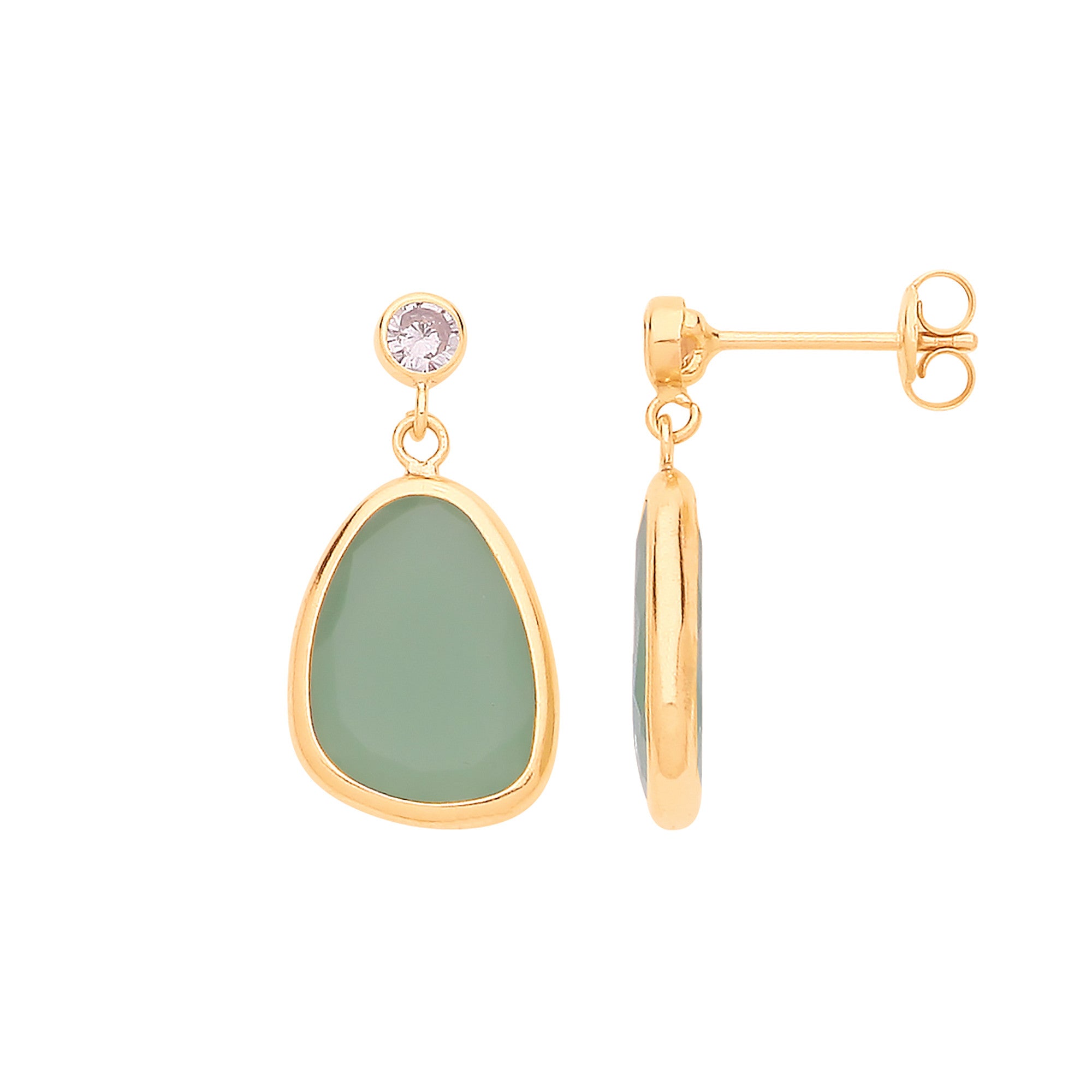 9ct Yellow Gold Cubic Zirconia and Green Glass Drop Studs - 9ct Gold