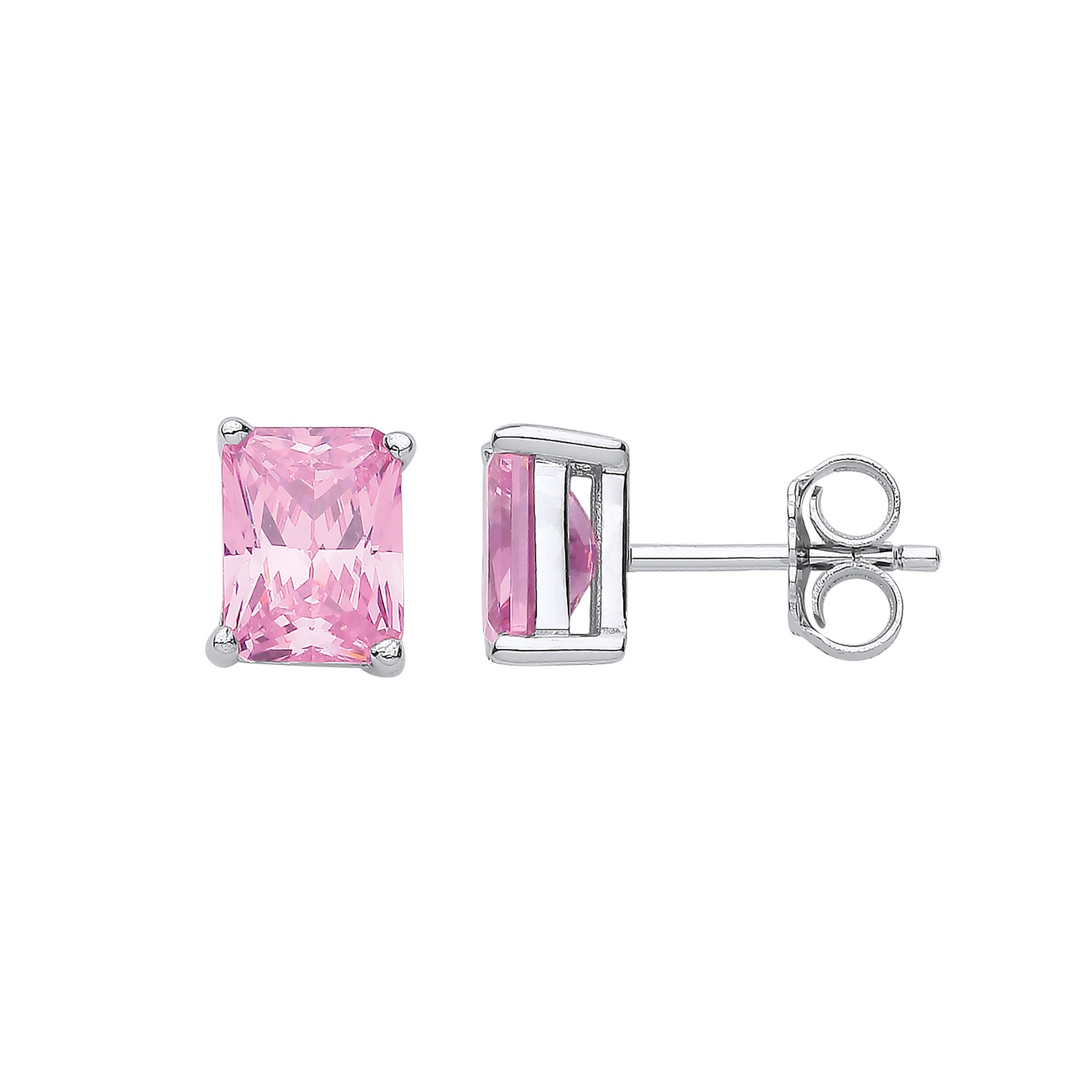Silver PINK Cubic Zirconia Emerald Cut Stud Earrings - Silver
