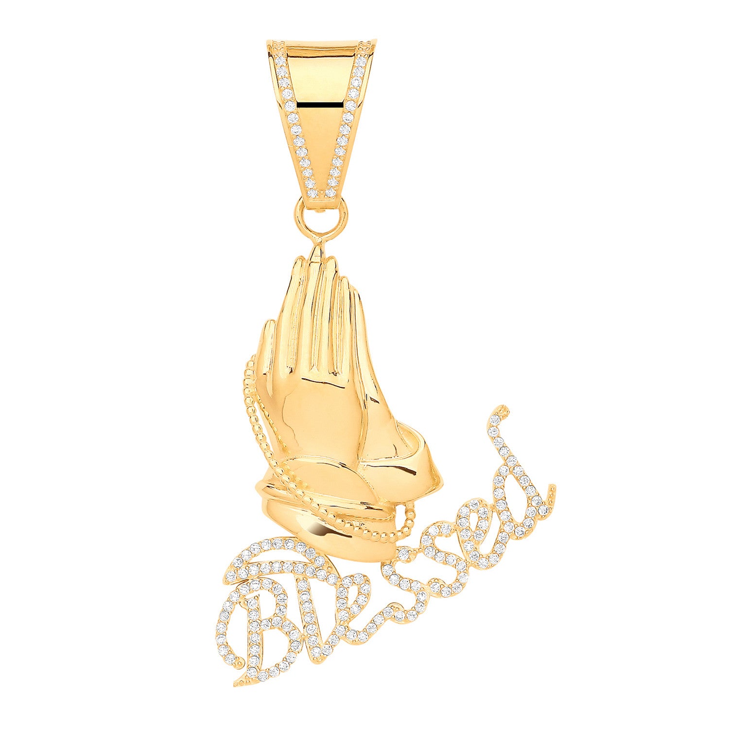 Yellow Gold Blessed, Praying Hands Cubic Zirconia Pendant - 9ct Gold