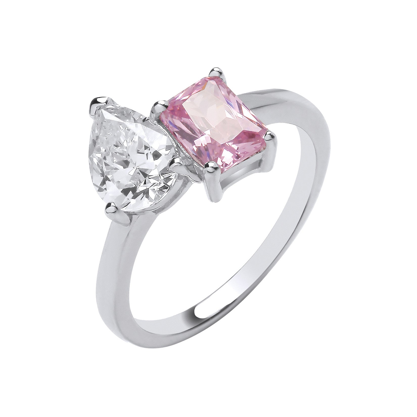 Silver Cross Over Pear Clear Cubic Zirconia & Pink Cubic Zirconia Ring - Silver