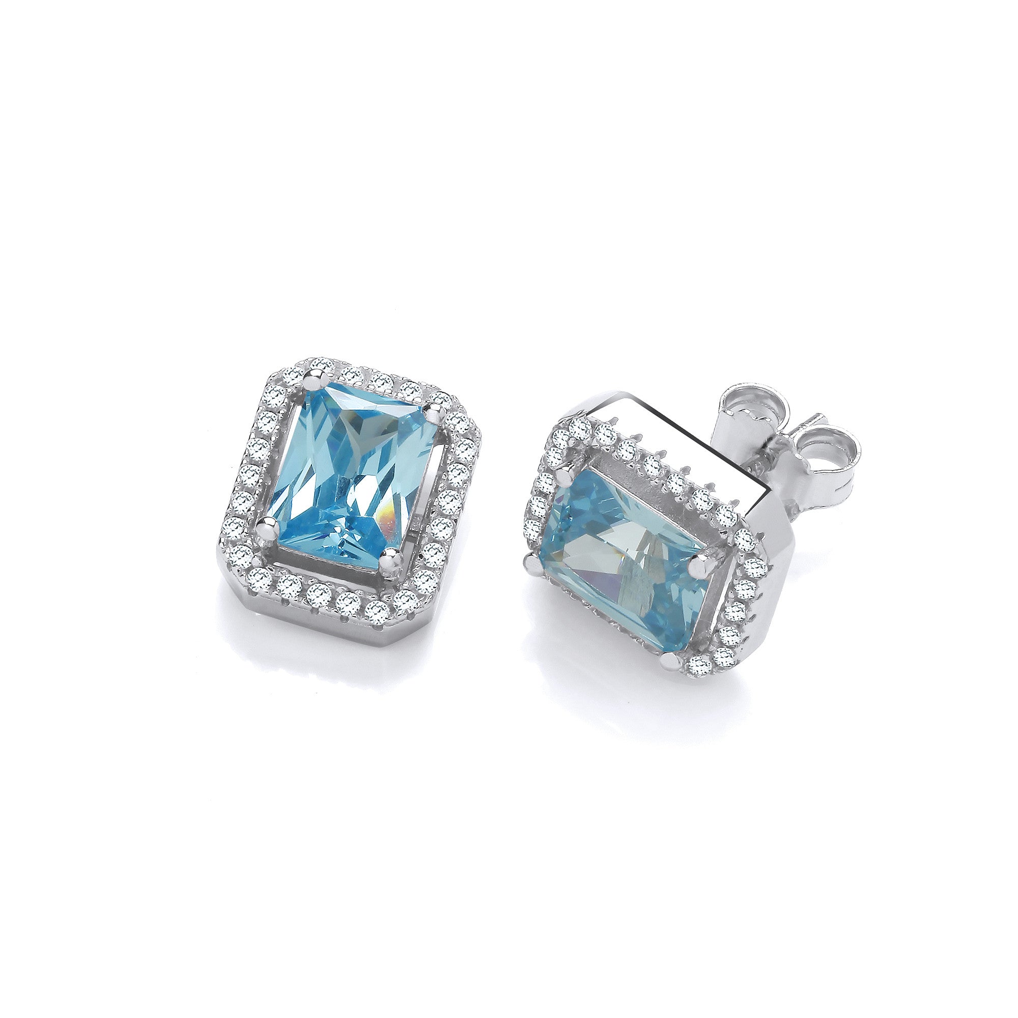 Silver Blue Cubic Zirconias Halo Stud Earrings - Silver