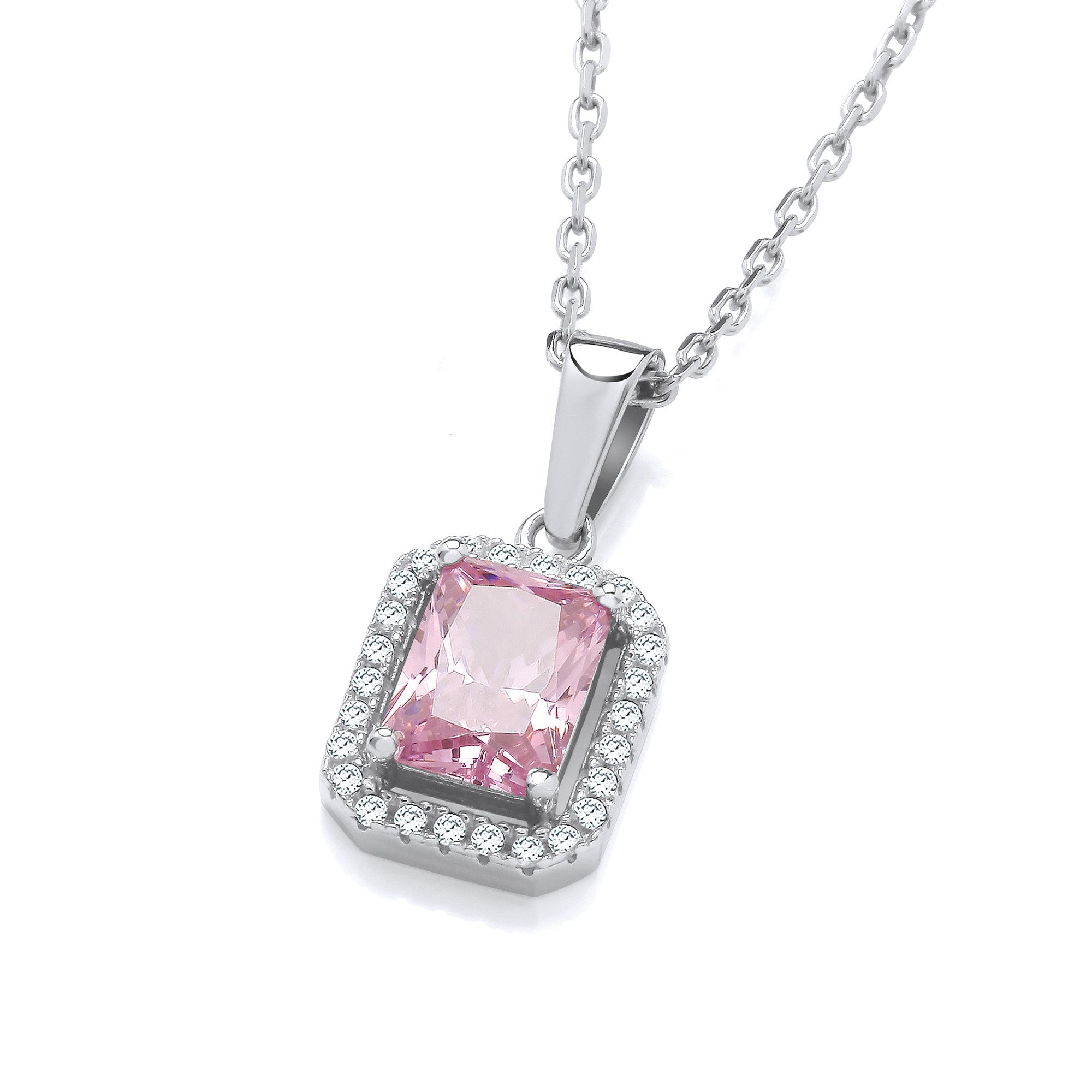 Silver Pink Cubic Zirconias Halo Stud Pendant with Chain - Silver