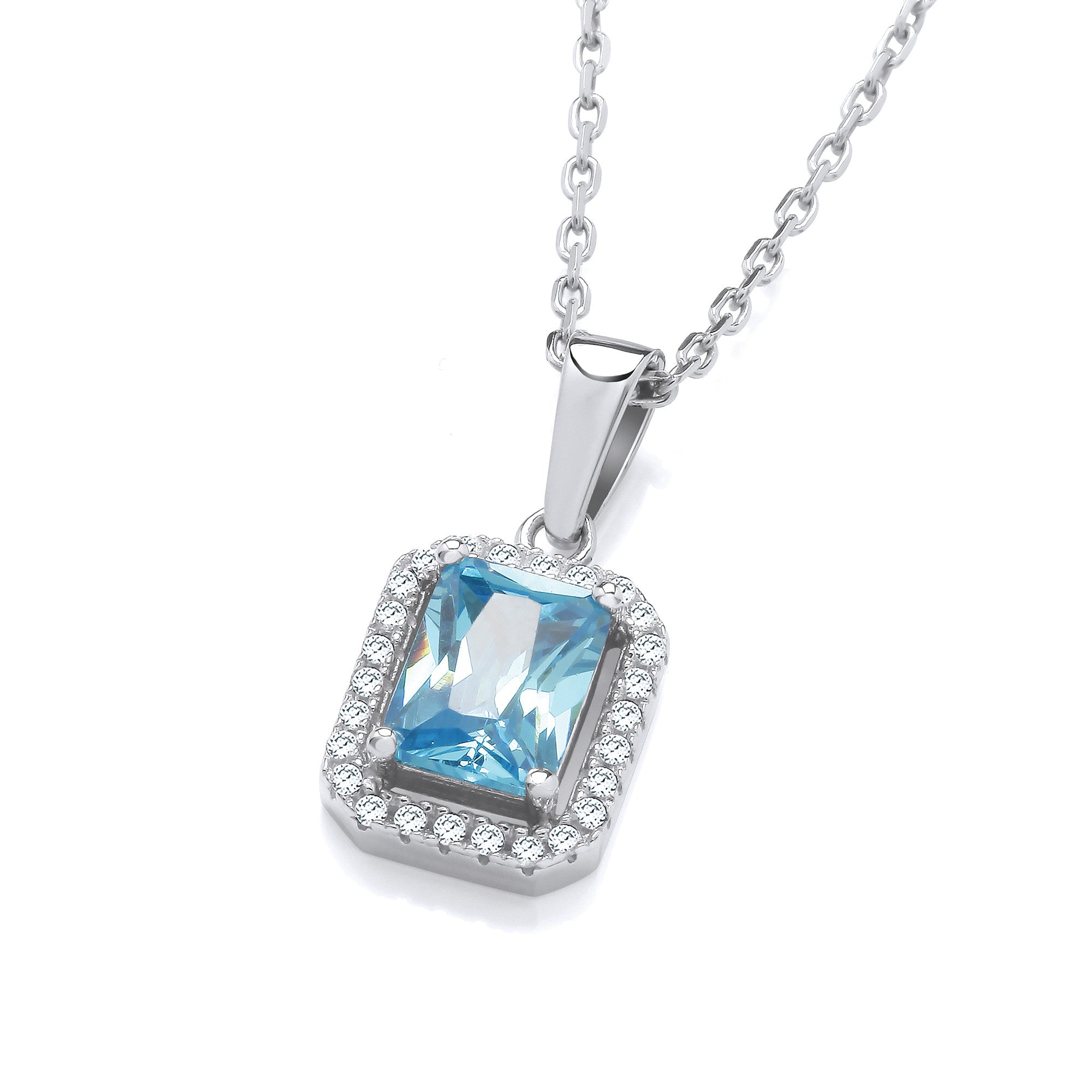 Silver Blue Cubic Zirconias Halo Stud Pendant with Chain - Silver