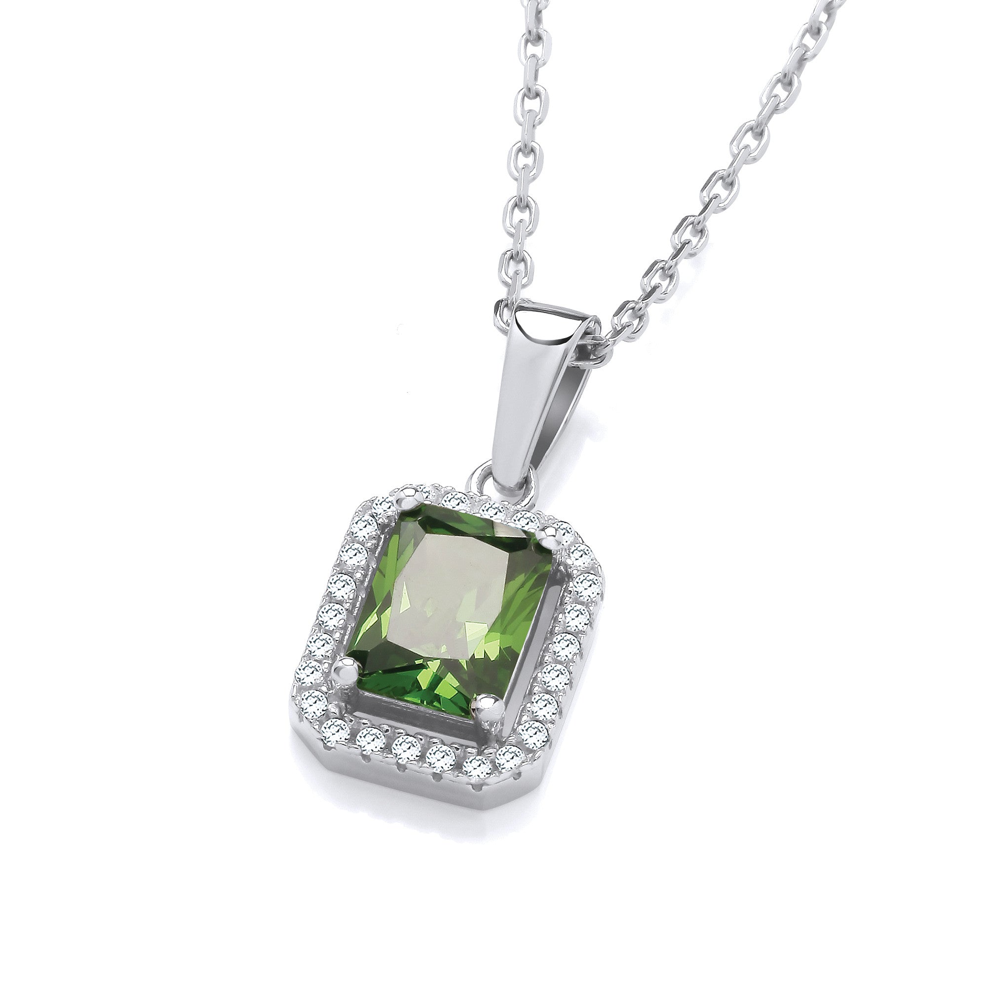 Silver Green Cubic Zirconias Halo Stud Pendant with Chain - Silver