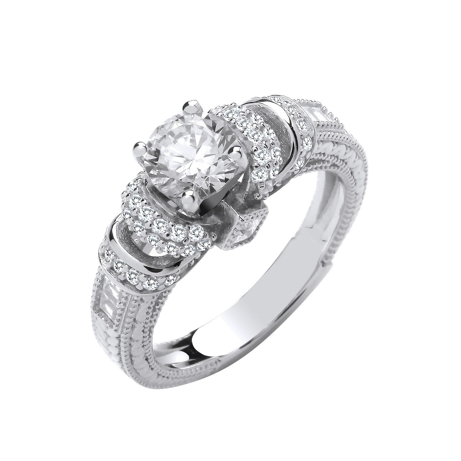 Silver Vintage Look, Milgrain Shank Solitaire Cubic Zirconia Ring - Silver