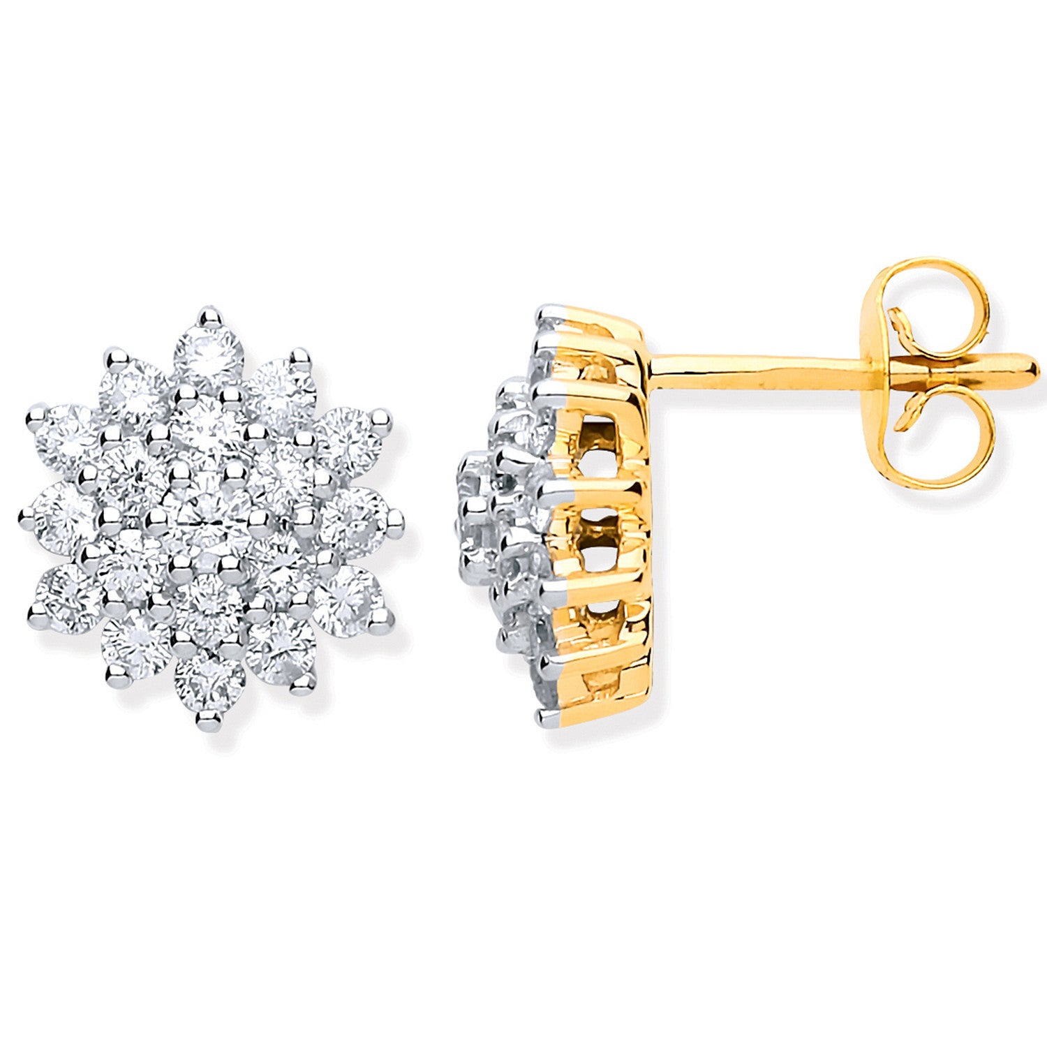 9ct Yellow Gold 1.00ct Diamond Cluster Stud Earrings - 9ct Gold