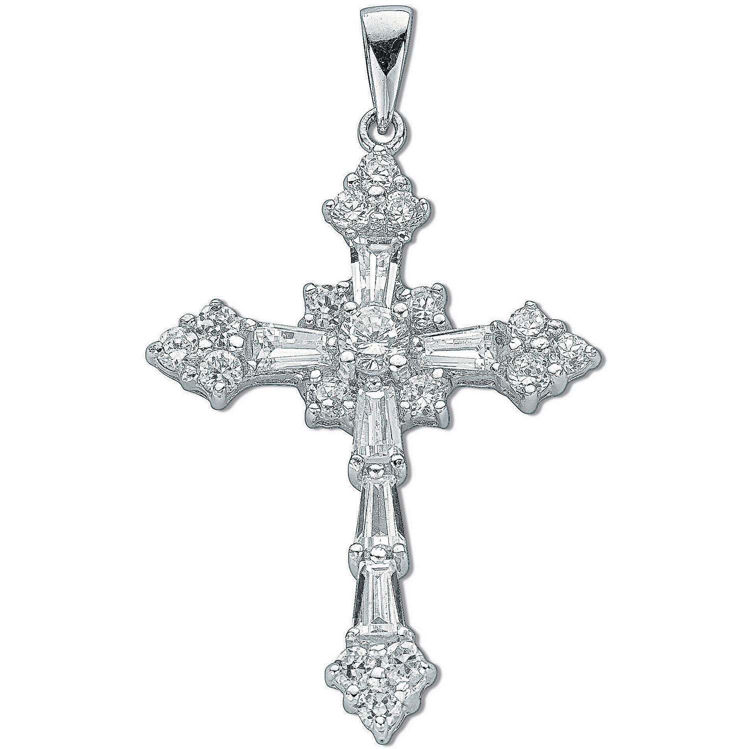 Silver Fancy Baguette Cut Cubic Zirconia Cross - Silver