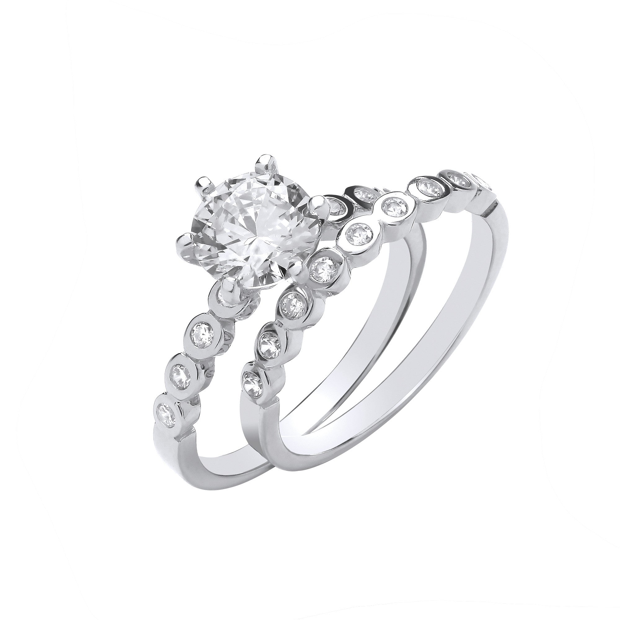 Silver Bridal Set Big Cubic Zirconia S/S & Rubover Half ET Rings - Silver
