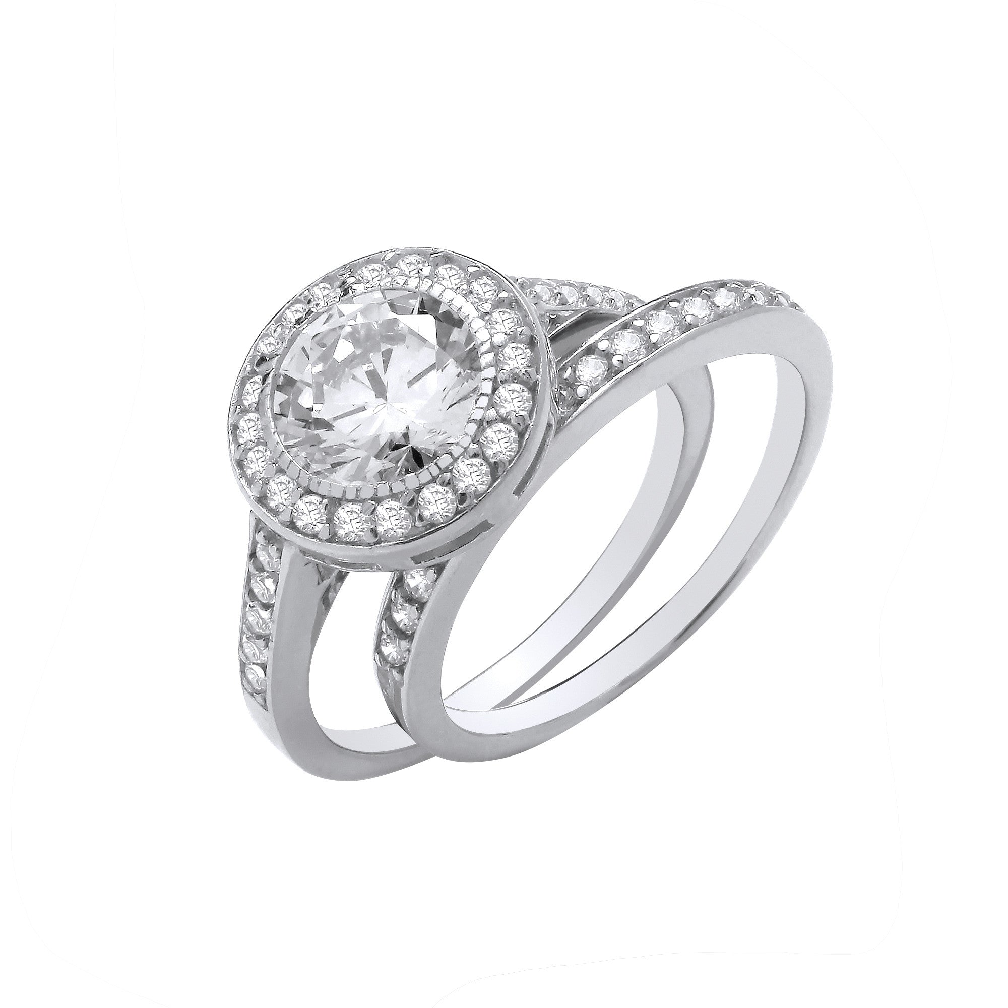 Silver Bridal Set Halo Cubic Zirconia Half ET Rings - Silver