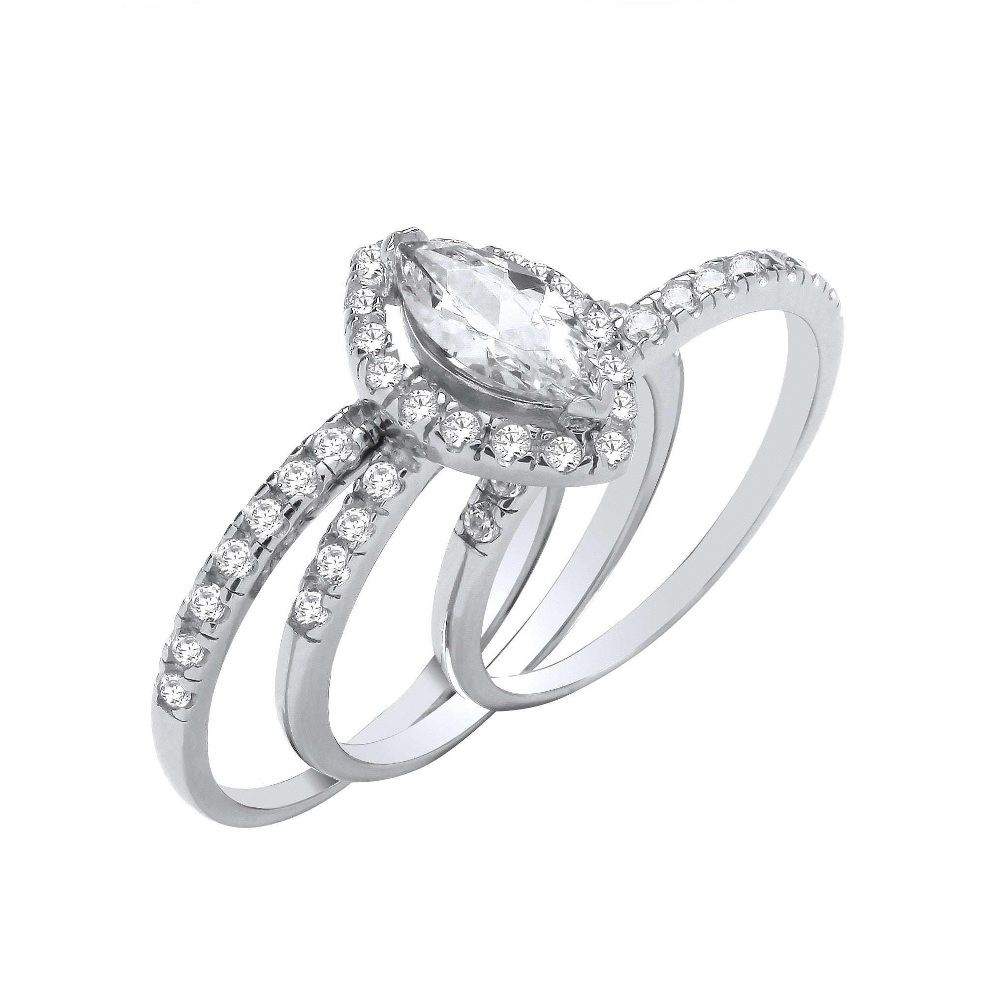 Silver Bridal Set Marquise Halo Cubic Zirconia Half ET 3 Rings - Silver