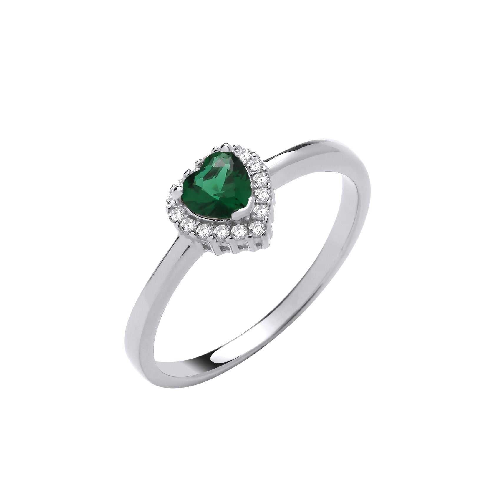 Silver Green Cubic Zirconia Heart Ring - Silver