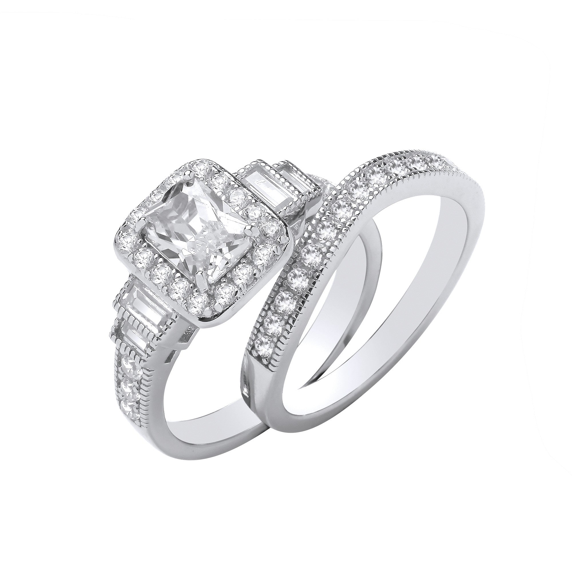 Silver Emerald Centre Cubic Zirconia Fancy Bridal Set Rings - Silver