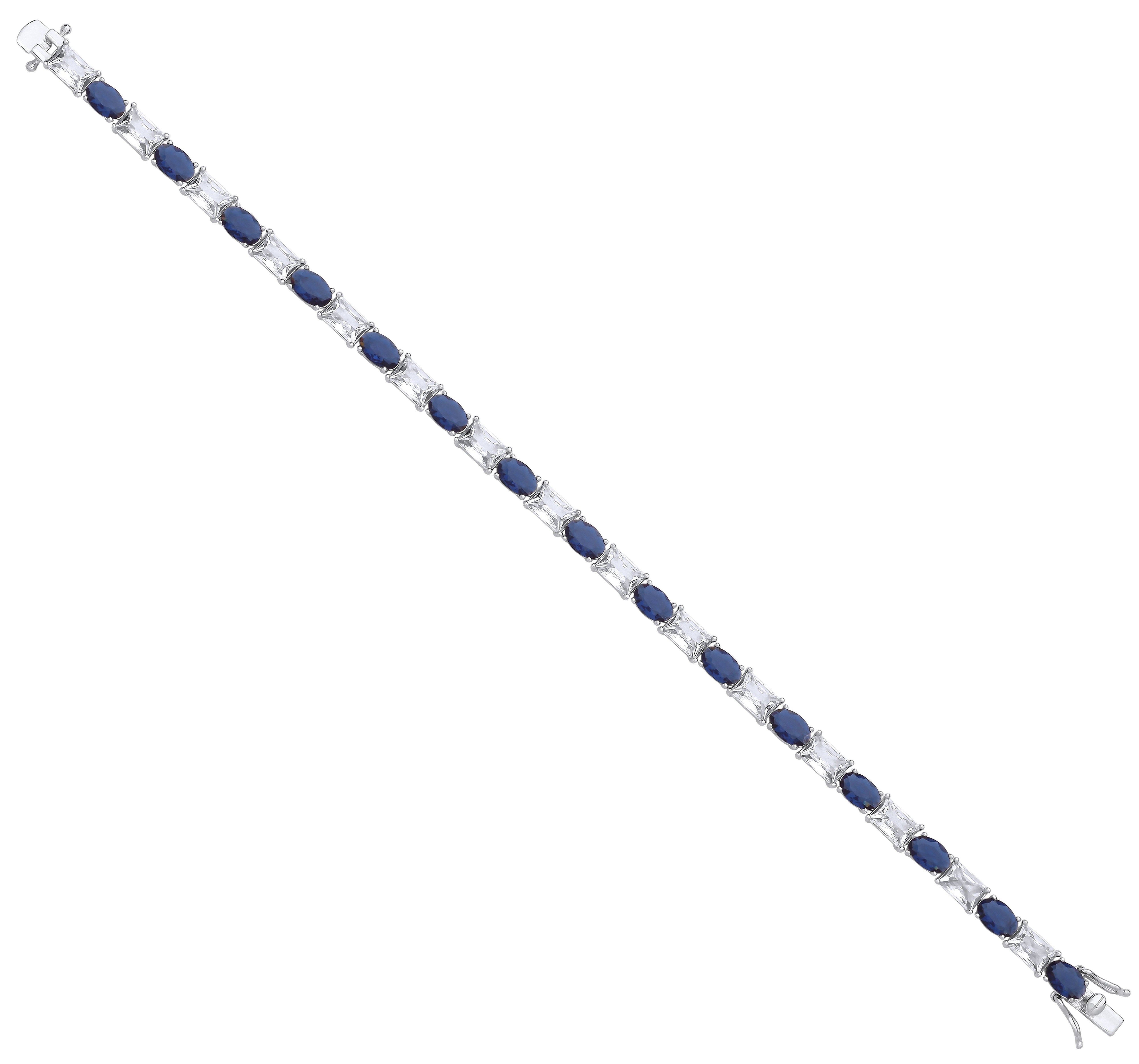 Silver Blue Oval & Clear Emerald Cubic Zirconias Tennis Bracelet - Silver
