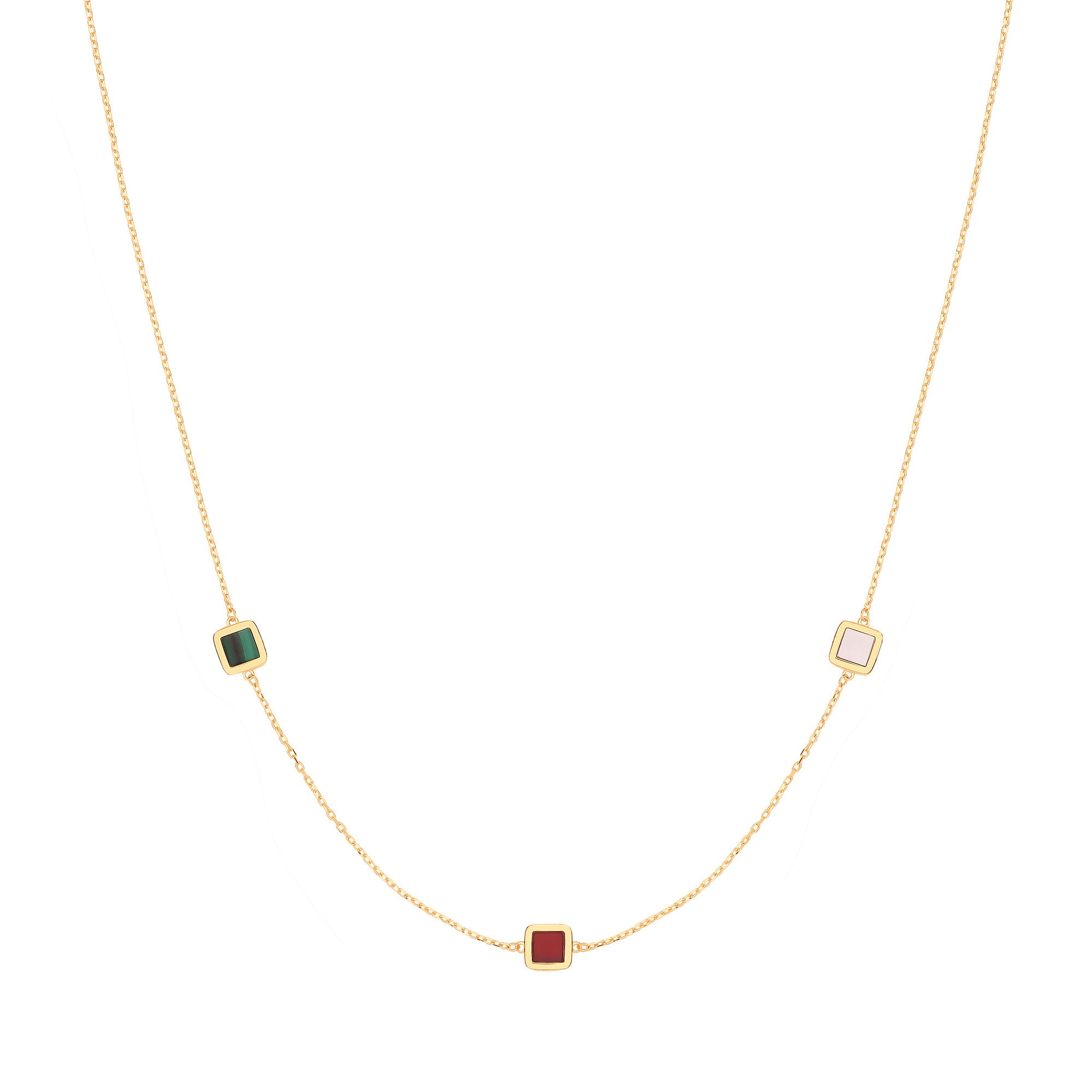 Yellow Gold Rubover Squares, White, Red & Green 18"Necklace/07" Bracelet - 9ct Gold