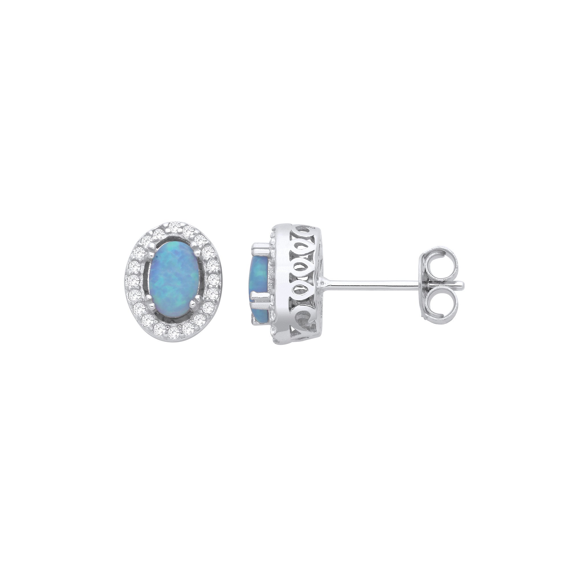 Silver Blue Opal Halo Oval Stud Earrings - Silver