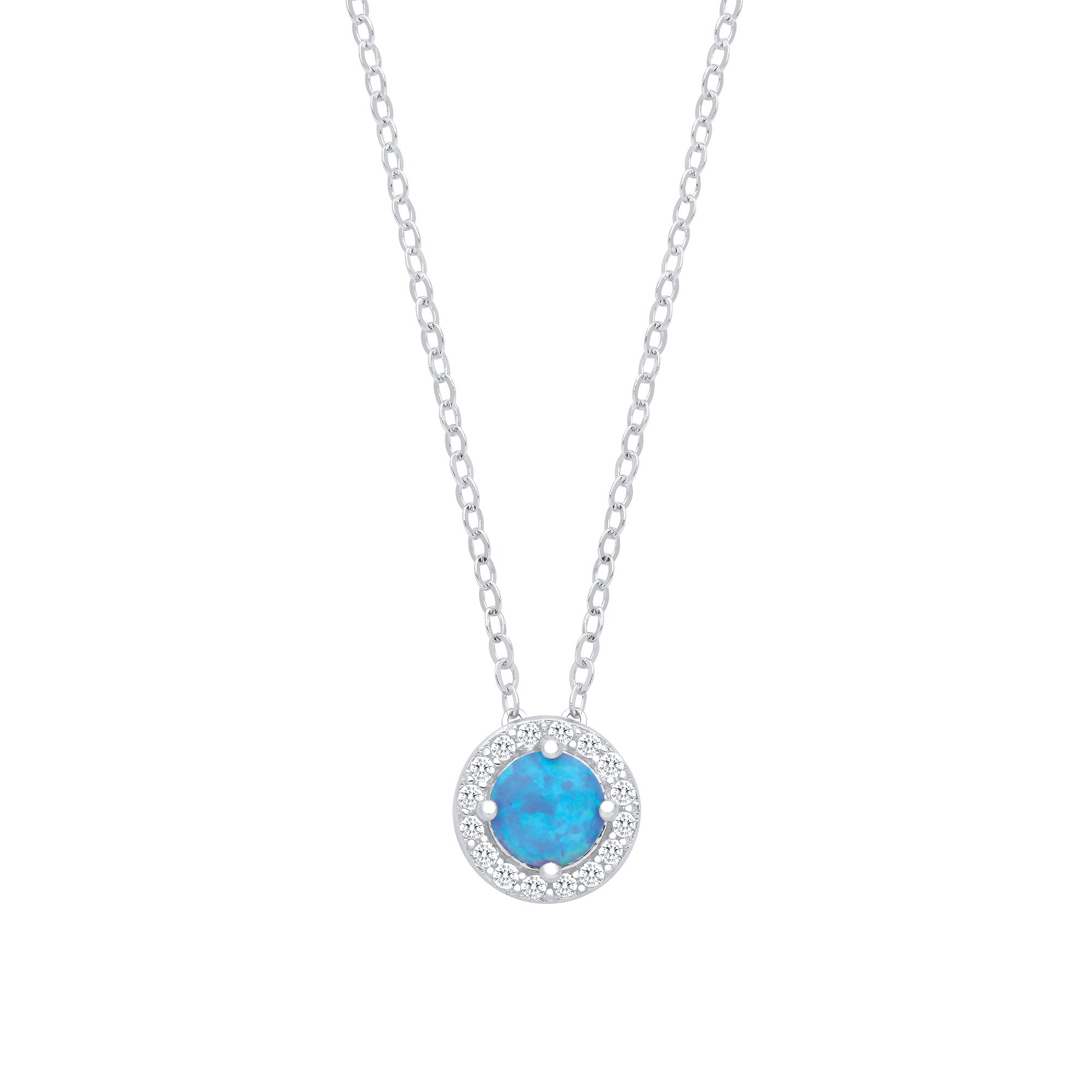 Silver Blue Opal Round Pendant with Chain - Silver