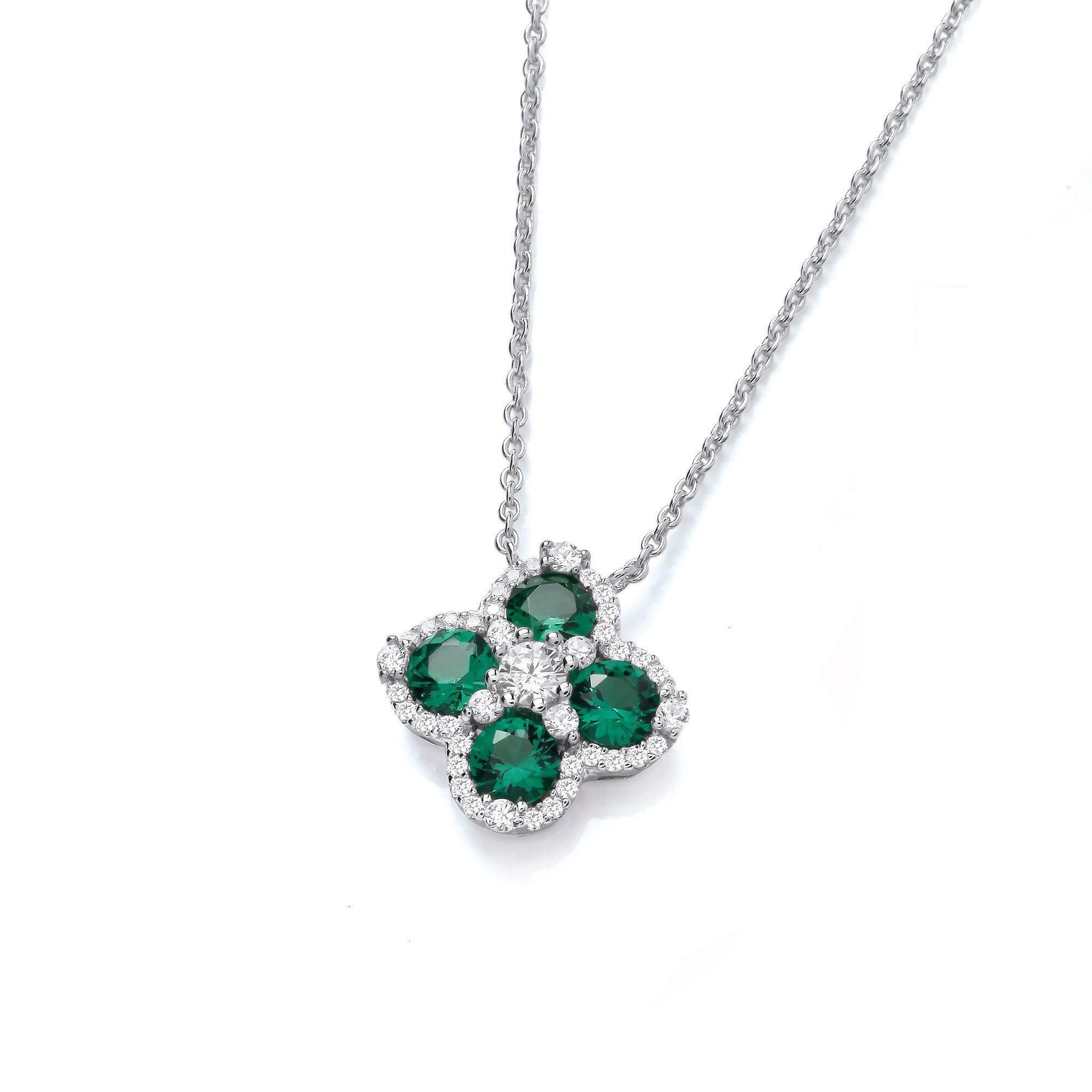 Green Four Leaf Clover Cubic Zirconia Silver Necklace - Silver