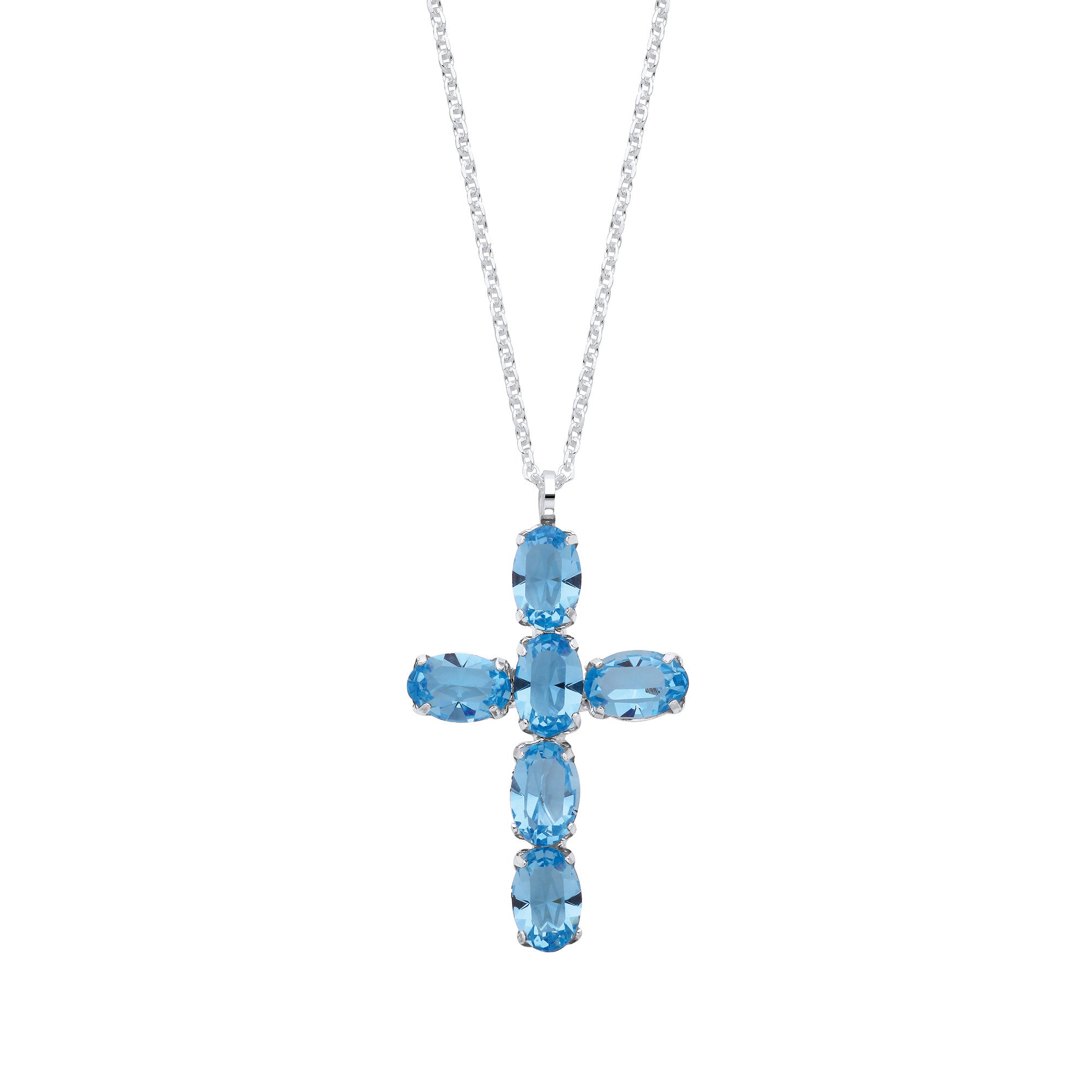 Silver Blue Crystal Cross Pendant on Chain - Silver