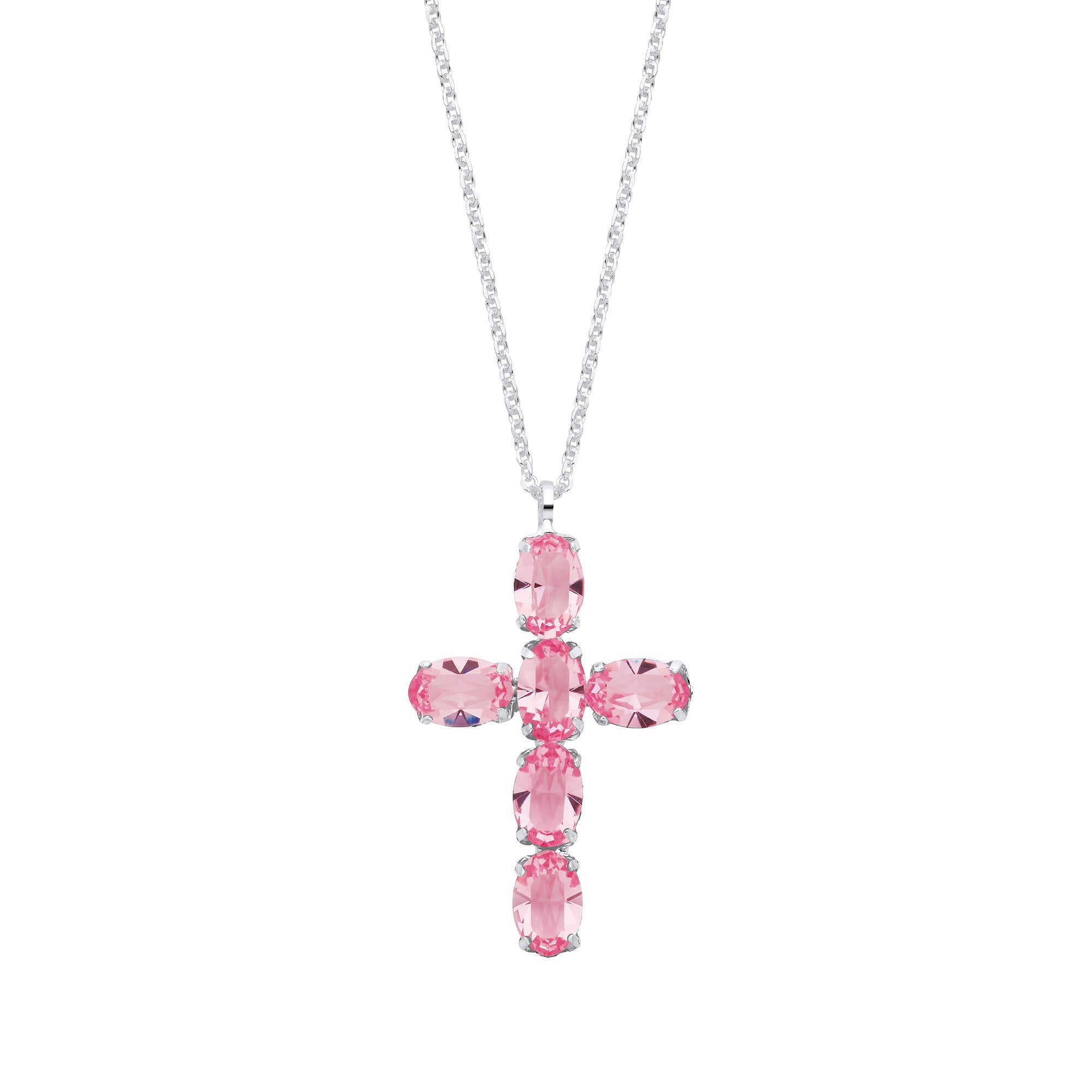 Silver Pink Crystal Cross Pendant on Chain - Silver