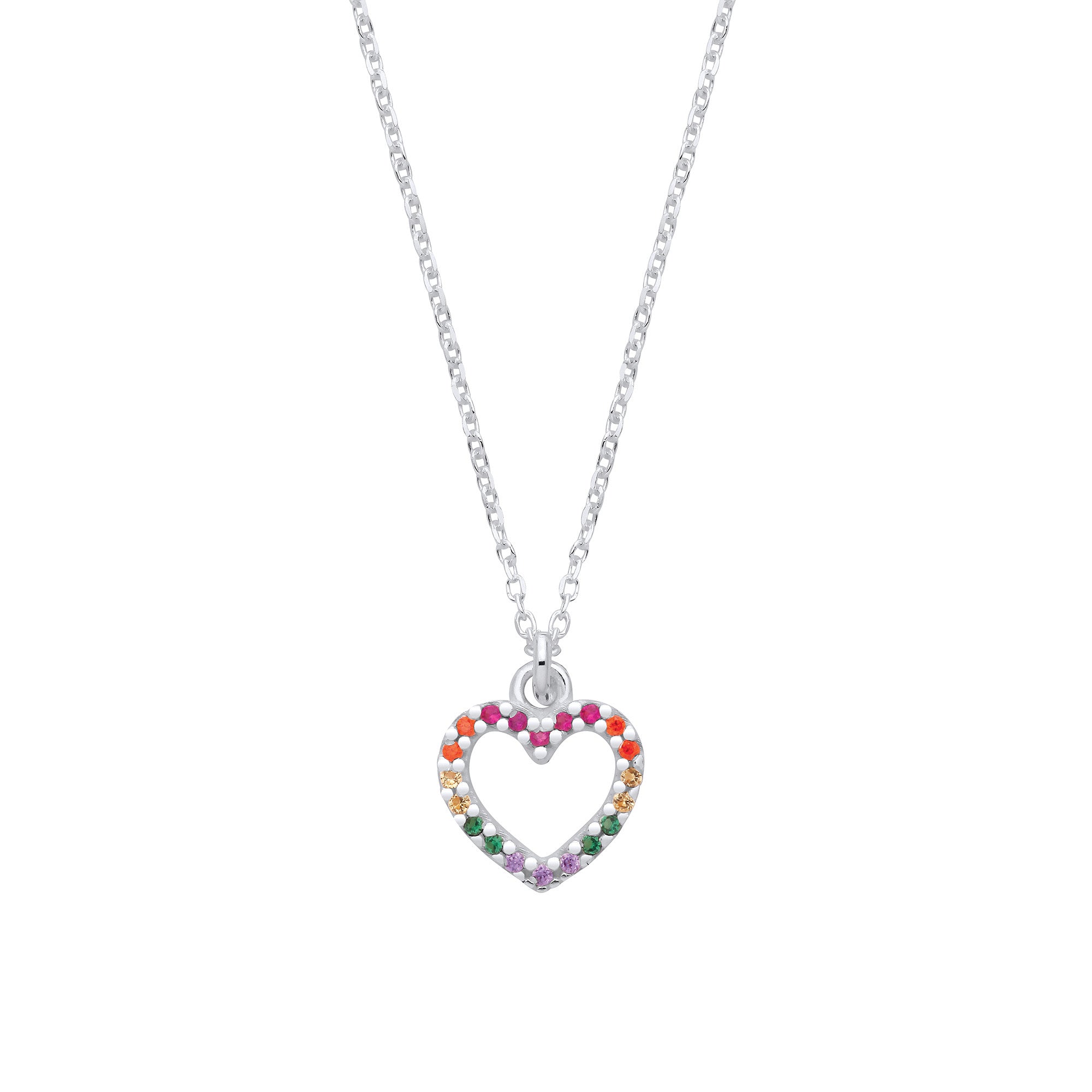 Silver Multi Colour Cubic Zirconia Heart Pendant Necklace - Silver