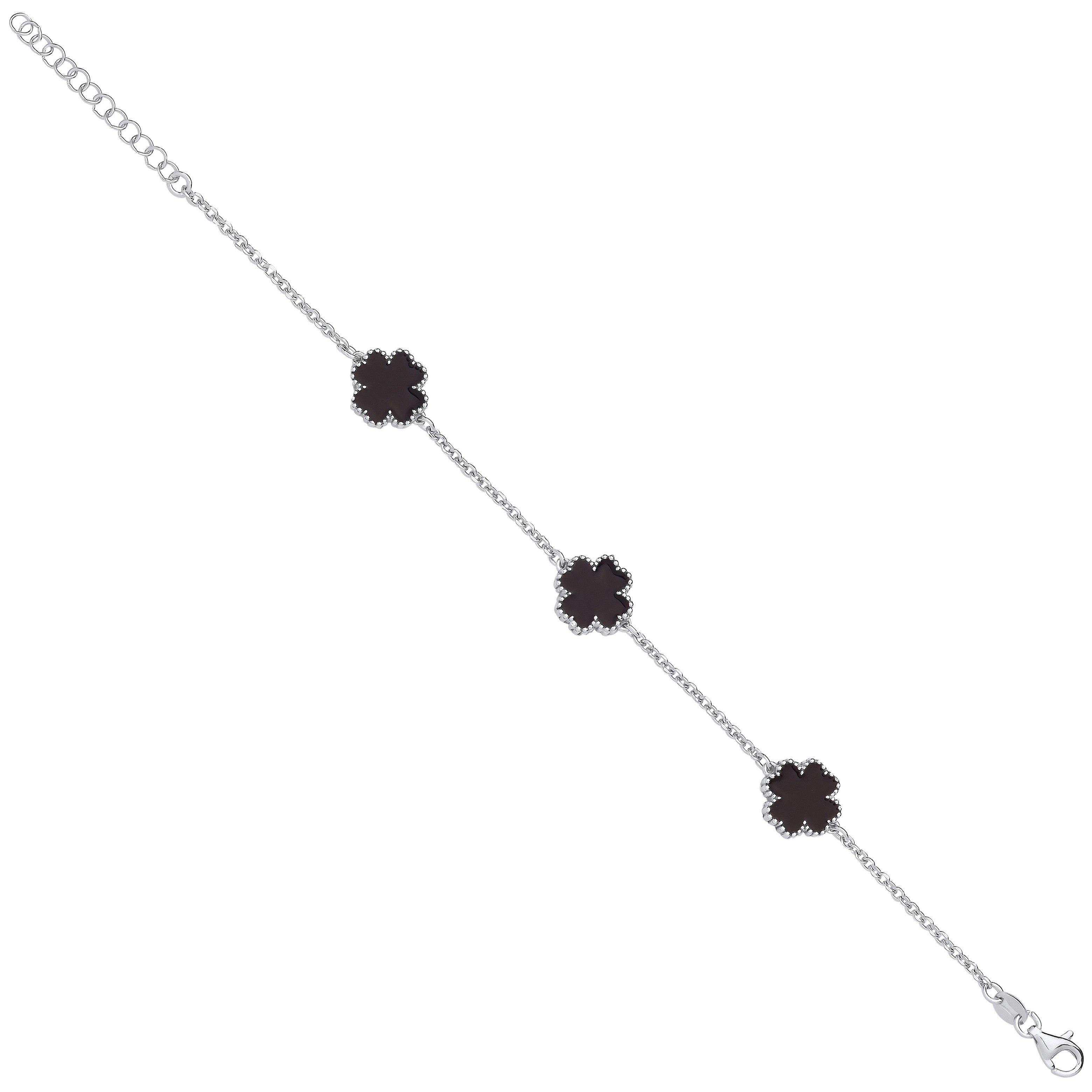 Silver BLACK Enamel Four Leaf Clover Bracelet 7" - Silver
