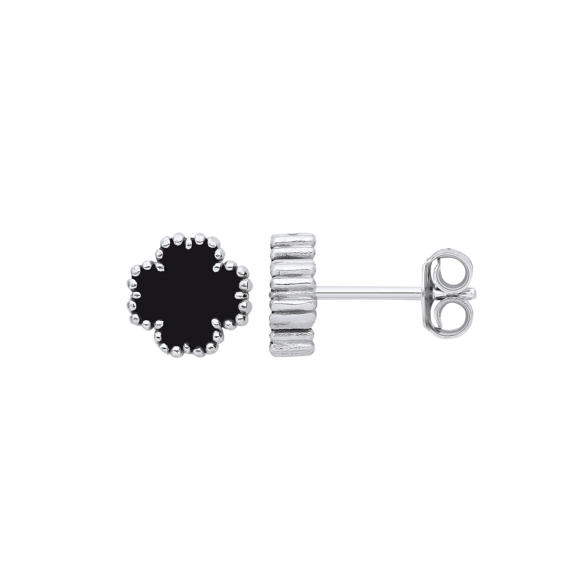 Silver BLACK Enamel Four Leaf Clover Studs - Silver