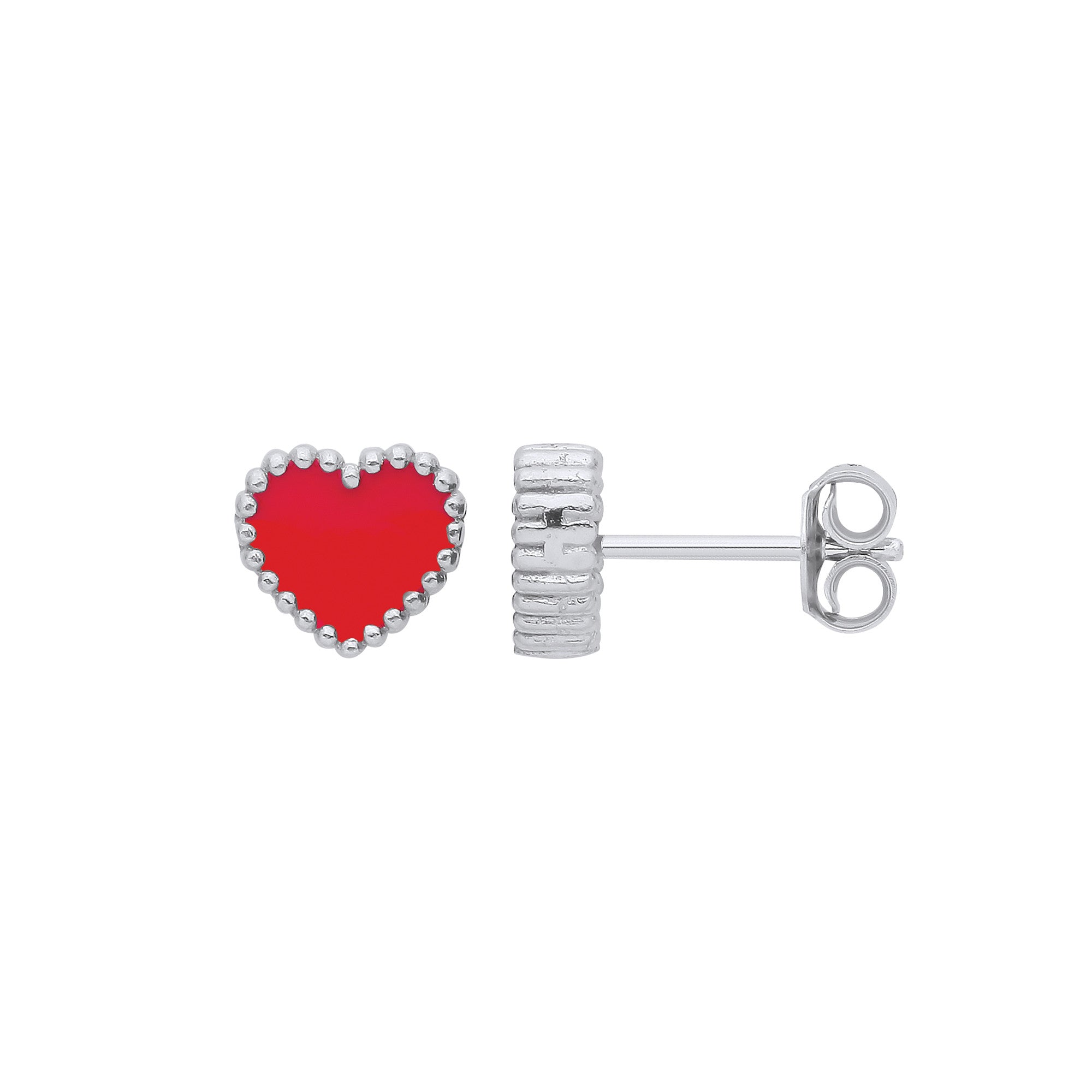 Silver RED Enamel Heart Studs - Silver