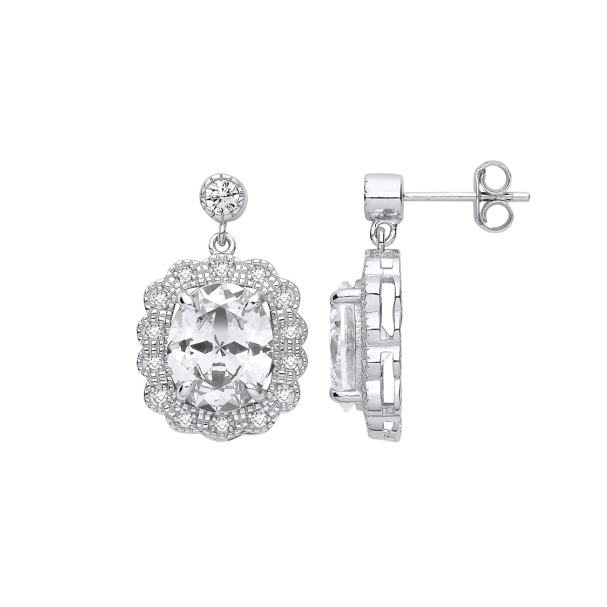 Silver Halo Drop Cubic Zirconia Earrings - Silver