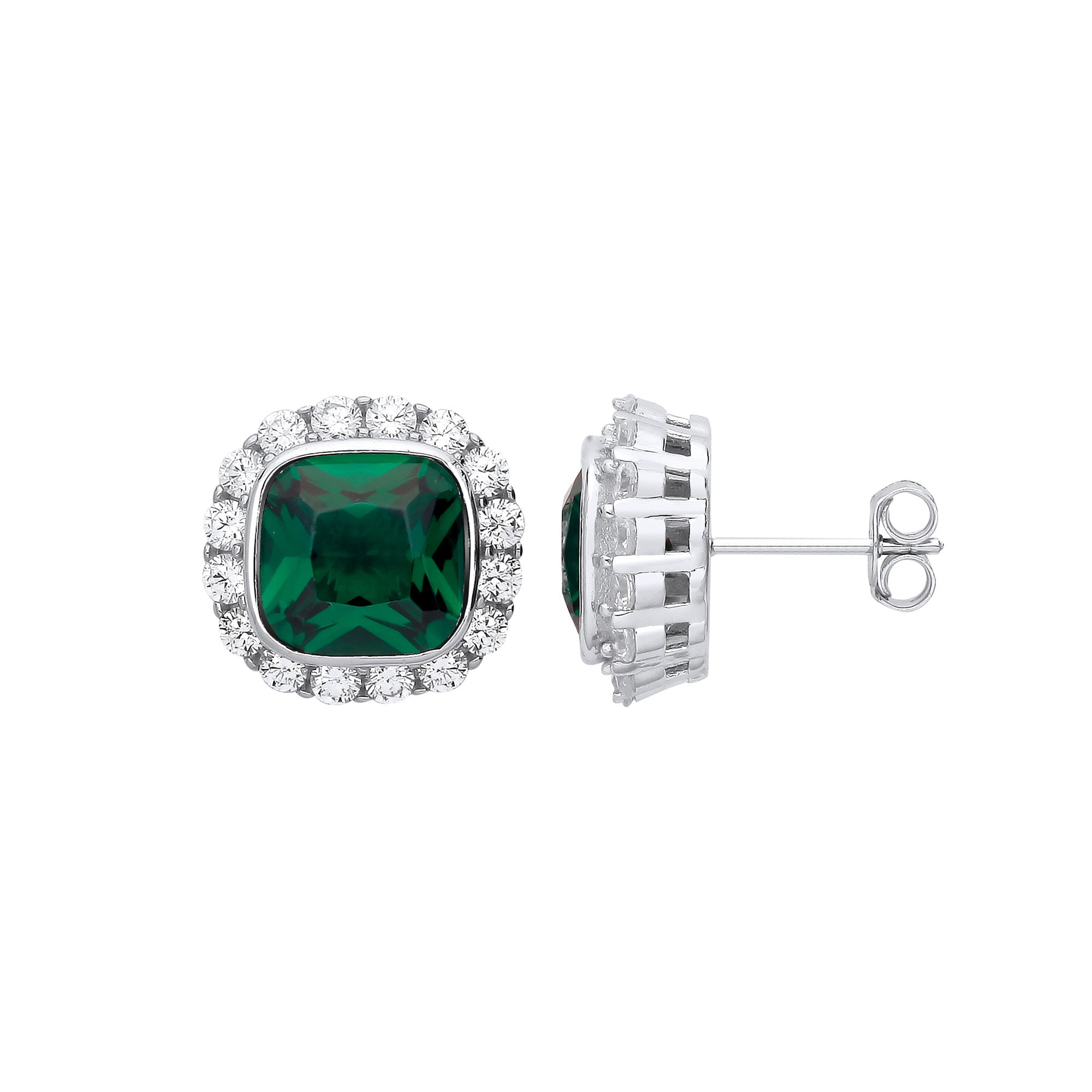 Silver Green Cubic Zirconia Halo Stud Earrings - Silver