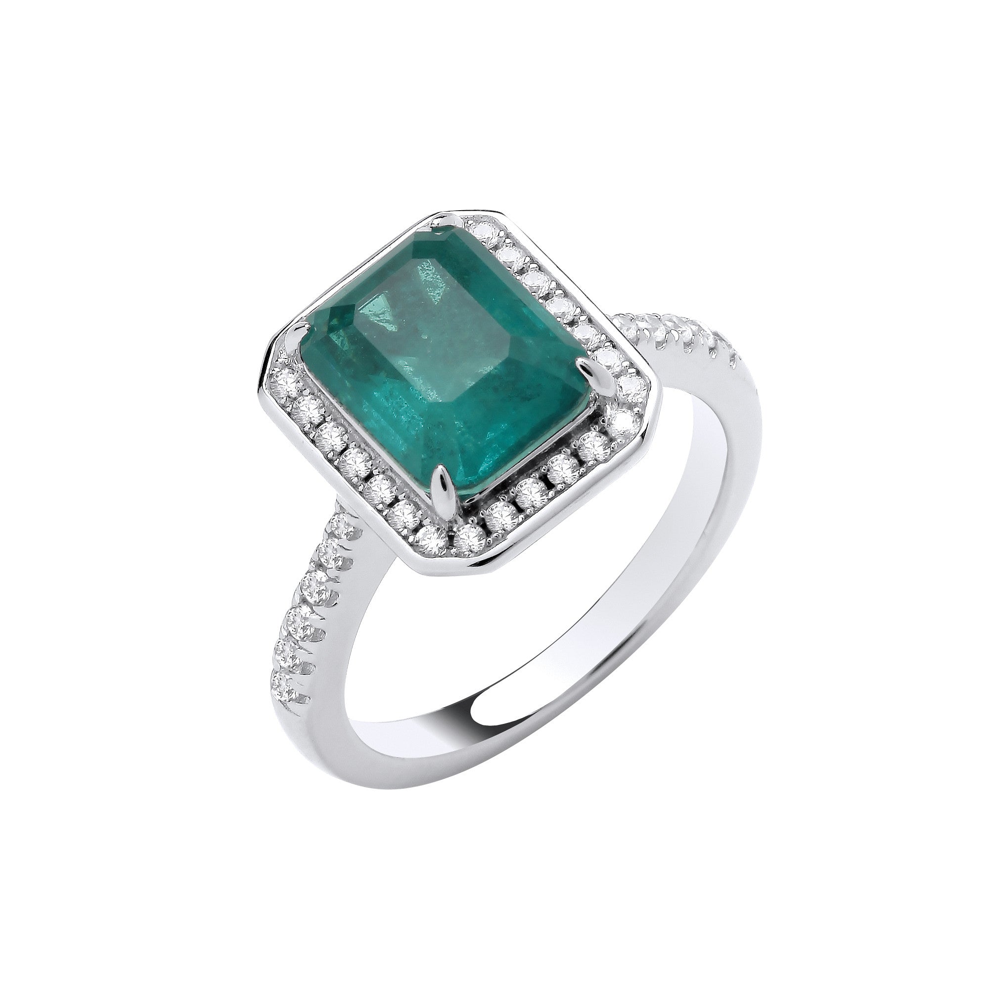 Silver Cubic Zirconias & Green Fusion Stone Centre in Emerald Cut Ring - Silver