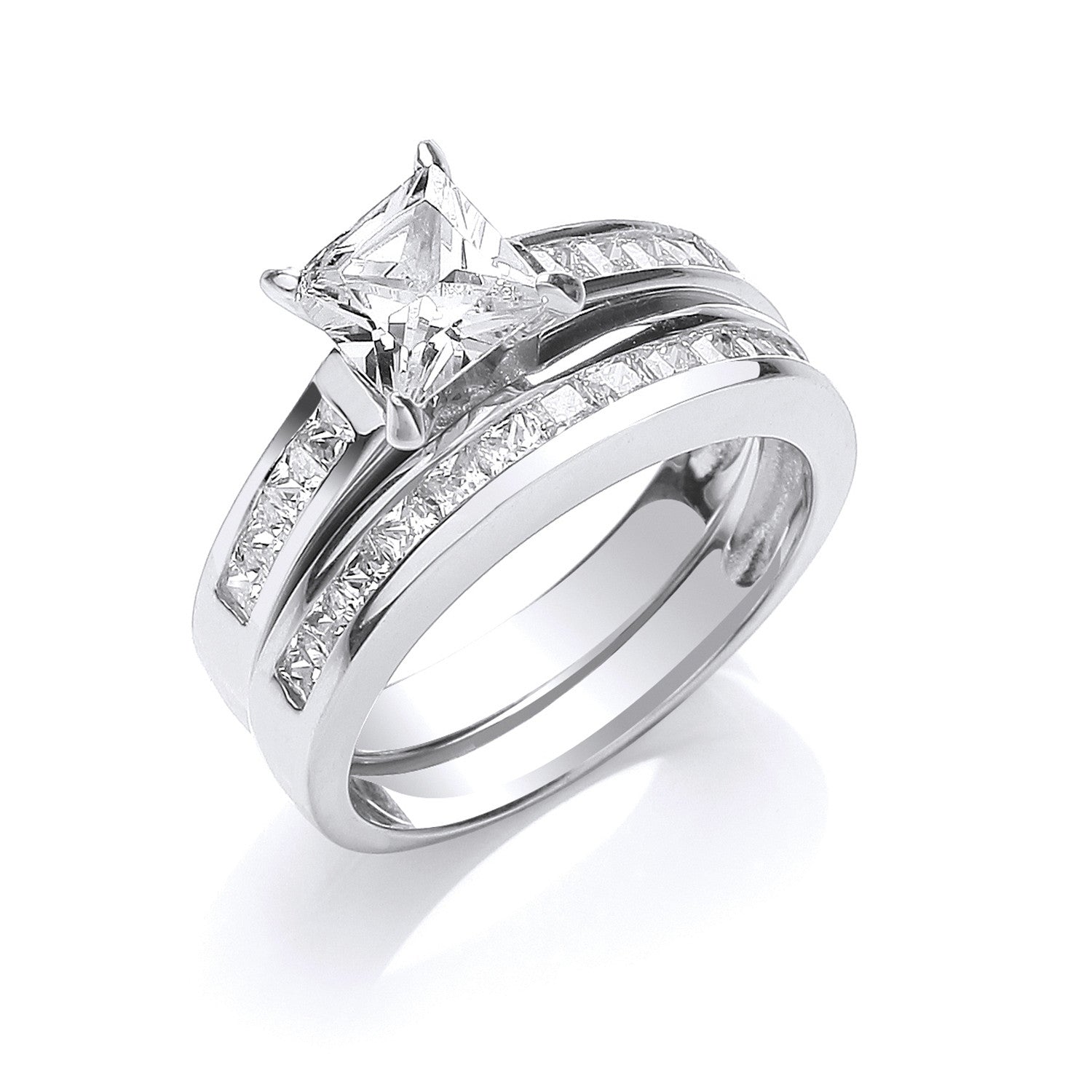 Silver Bridal Set Cubic Zirconia Princess Cut Rings - Silver