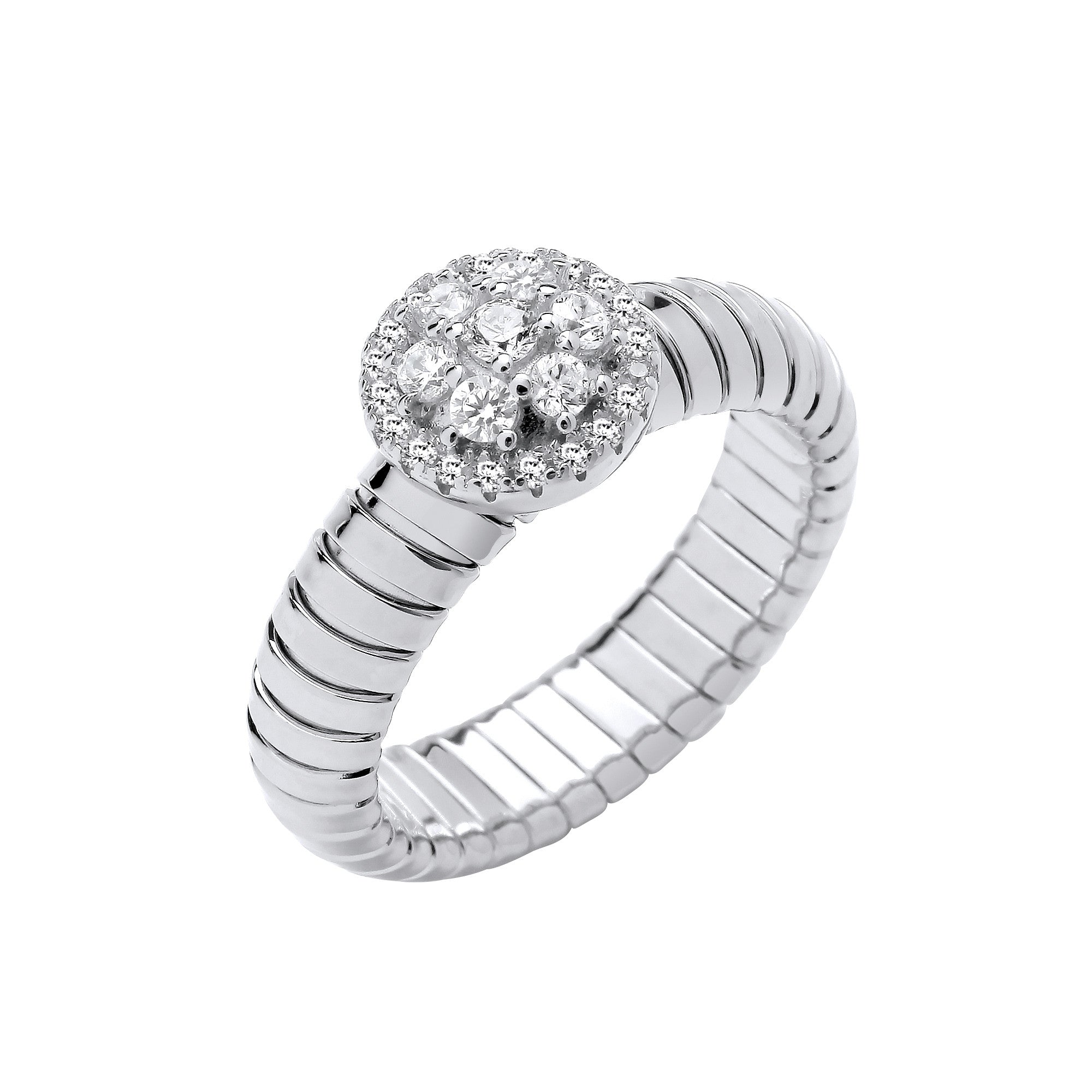 Silver Ribbed Link Cubic Zirconia Cluster Ring - Silver