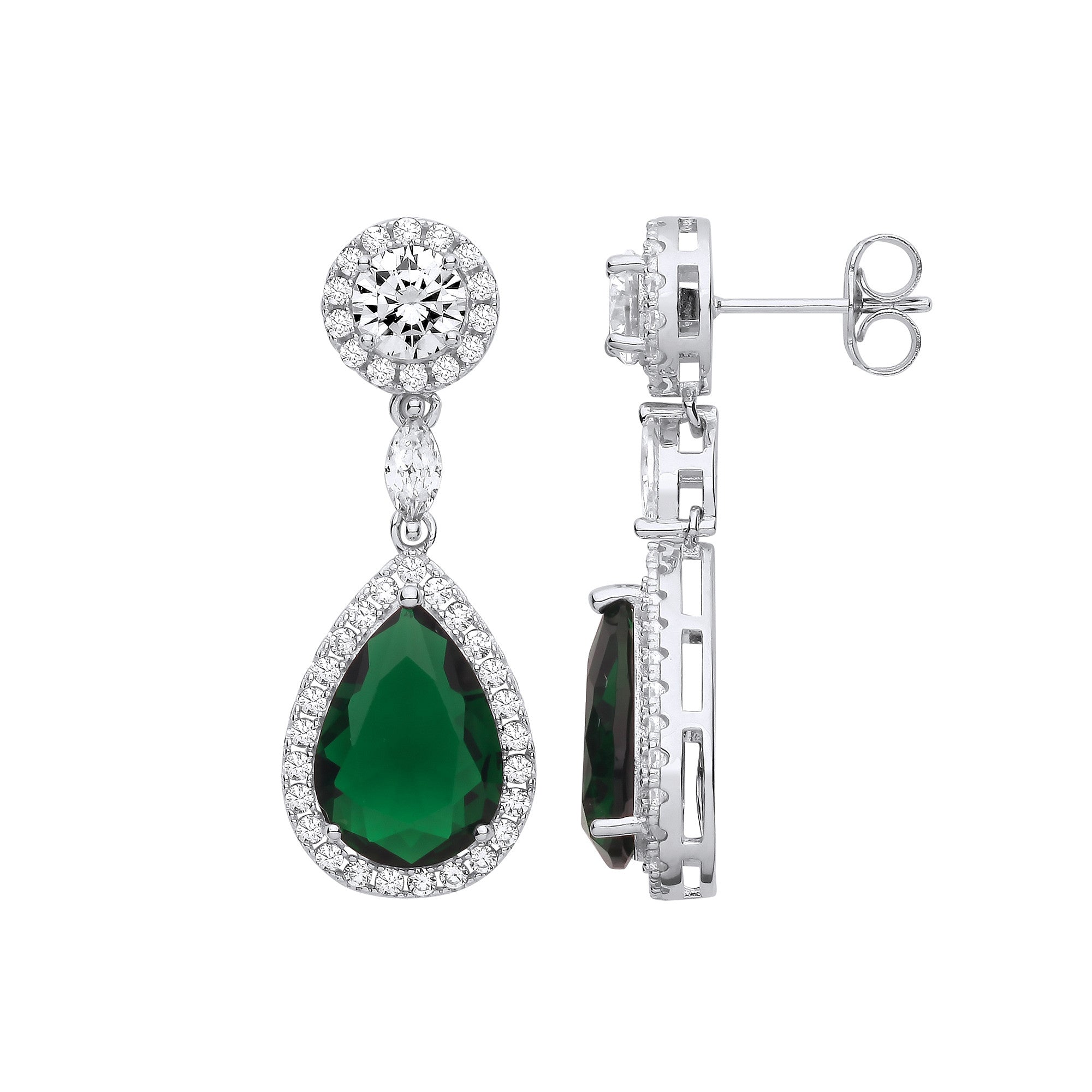 Silver Green Cubic Zirconia Pear Drop Earrings - Silver
