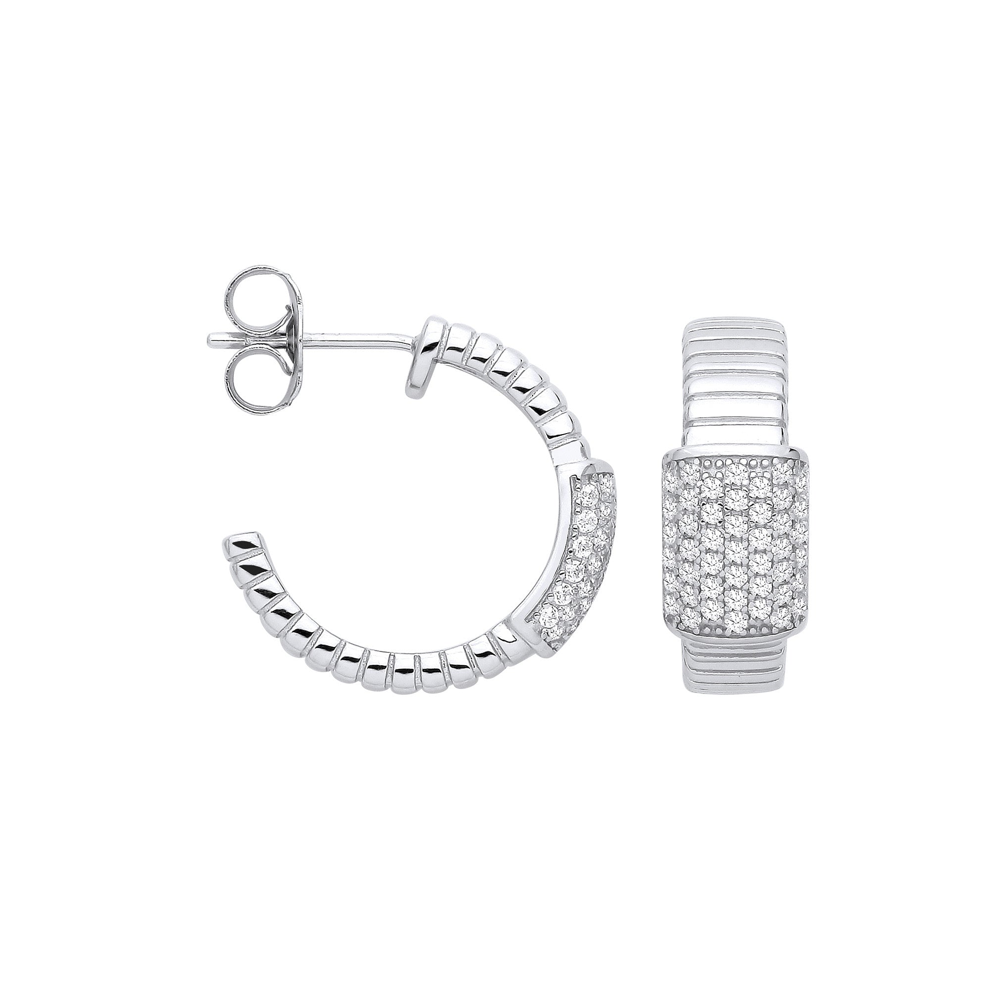Silver Ribbed Link with Cubic Zirconia ID Plate Earrings - Silver