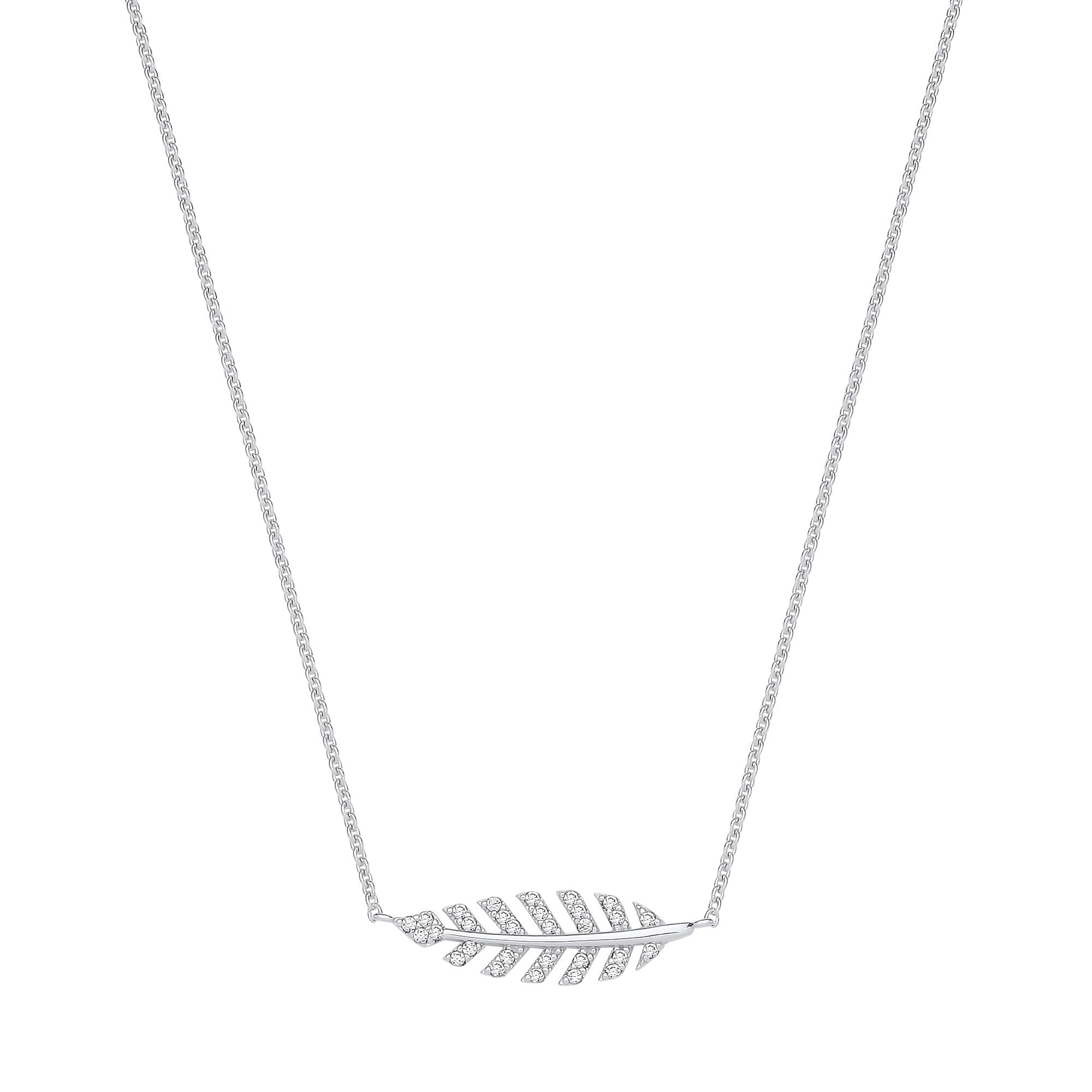 Silver Cubic Zirconia Feather Necklace - Silver