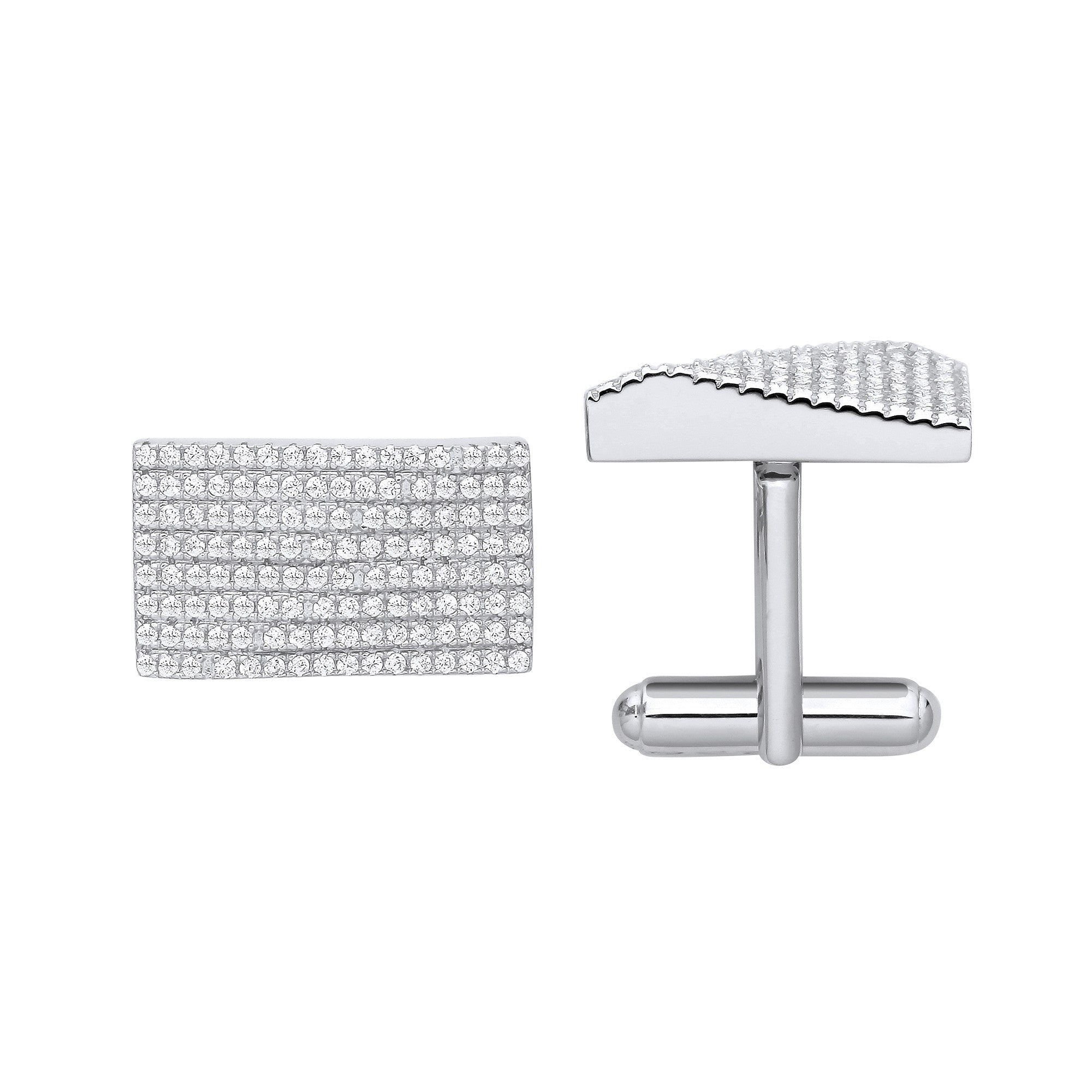 Silver Cubic Zirconia Rectangle Raised Slope Cufflinks - Silver
