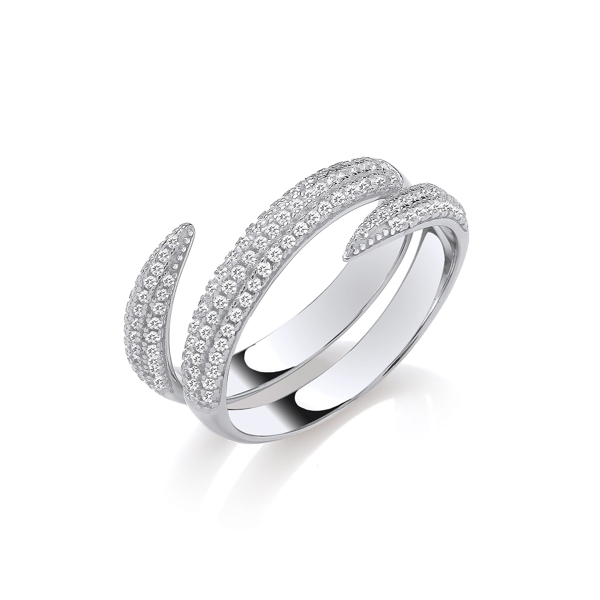Cross-Over Two Bands Cubic Zirconias Silver Ring - Silver
