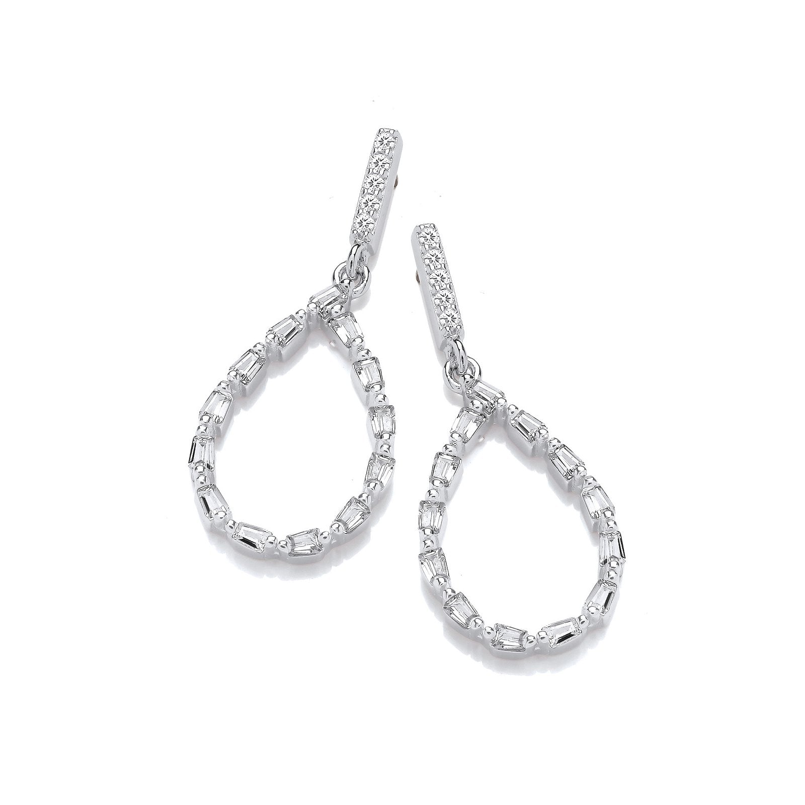 Teardrop Baguette CZs Silver Drop Earrings
