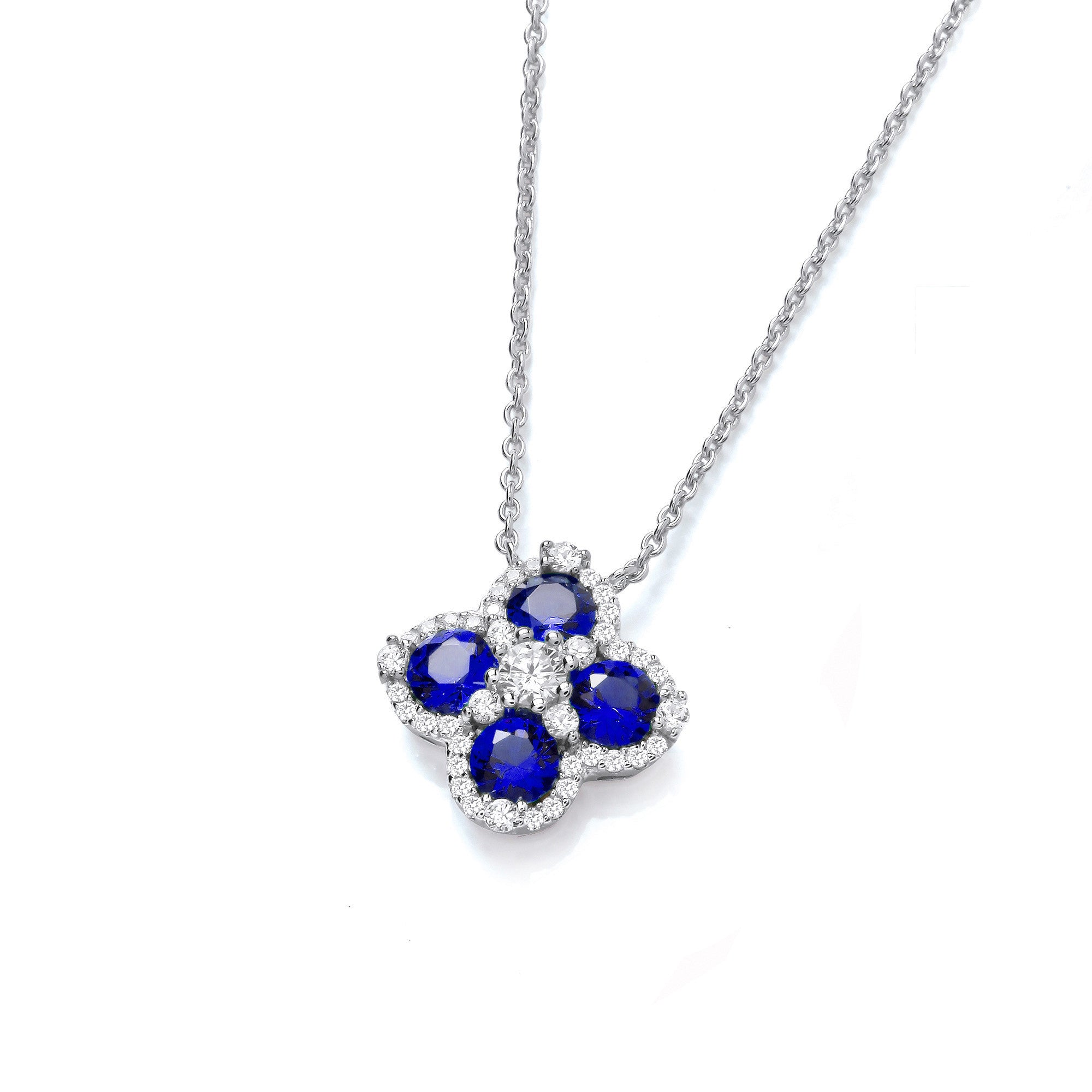Blue Four Leaf Clover Cubic Zirconia Silver Necklace - Silver