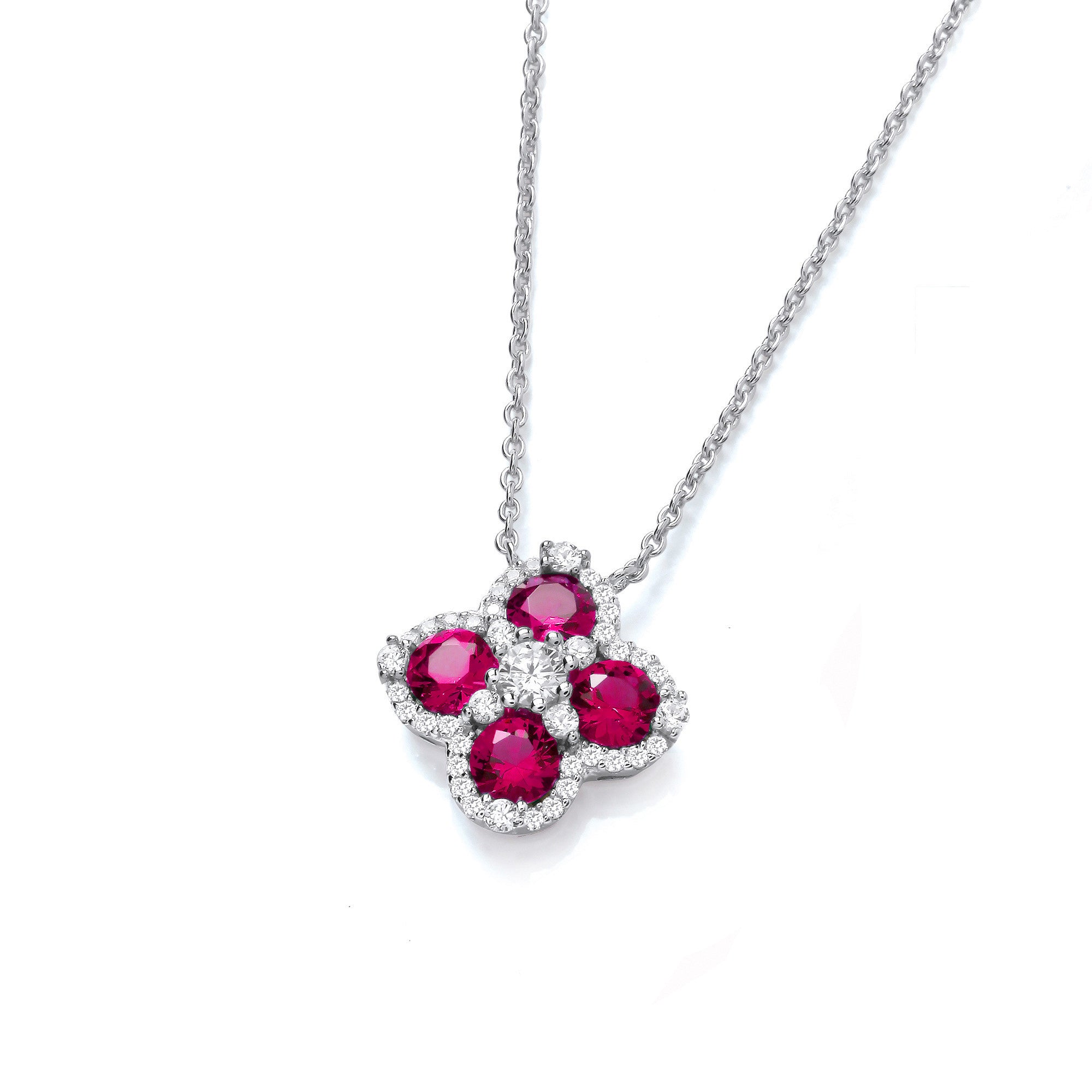 Red Four Leaf Clover Cubic Zirconia Silver Necklace - Silver