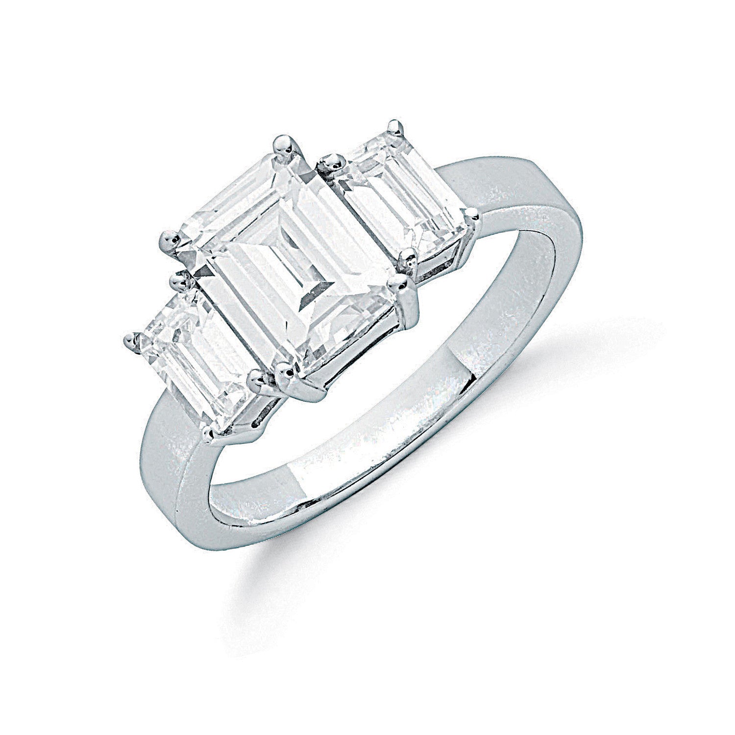 Silver Claw Set Emerald Cut Cubic Zirconia Trilogy Ring - Silver