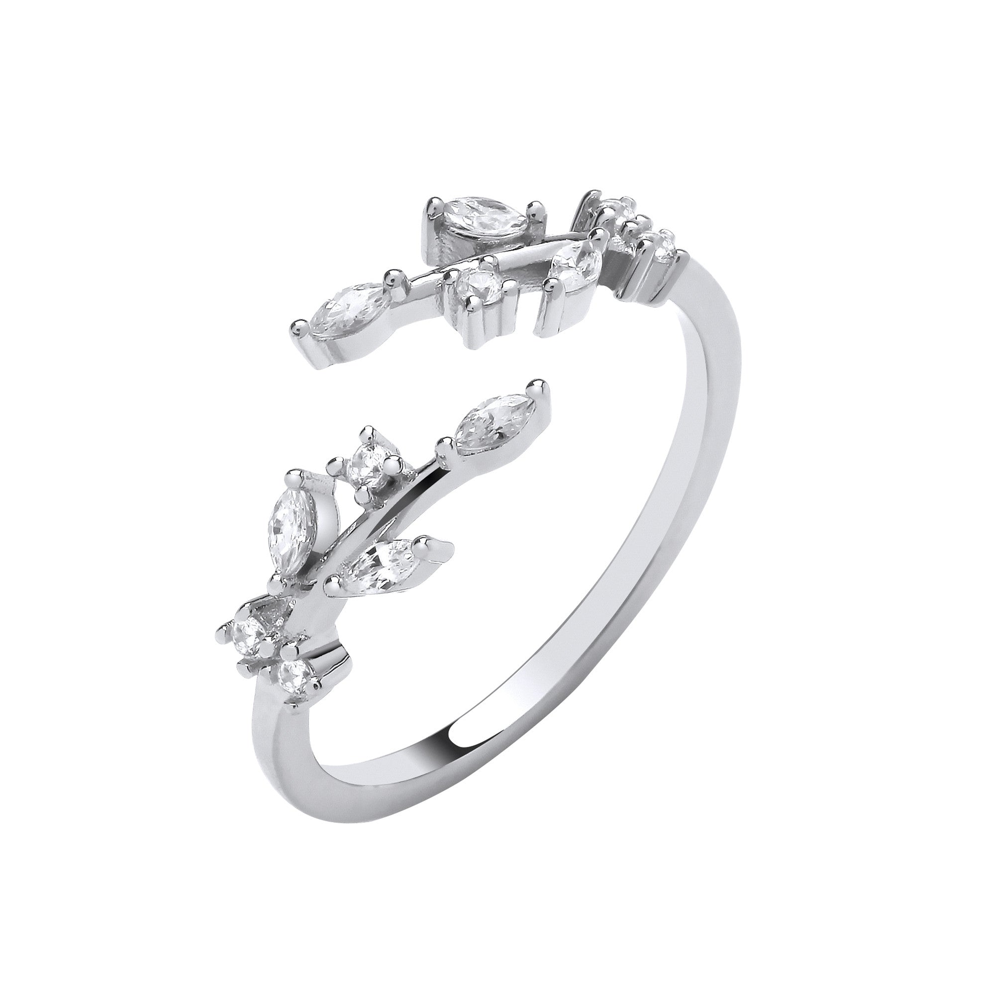 Silver Cross-Over Olive Tree Cubic Zirconias Ring - Silver
