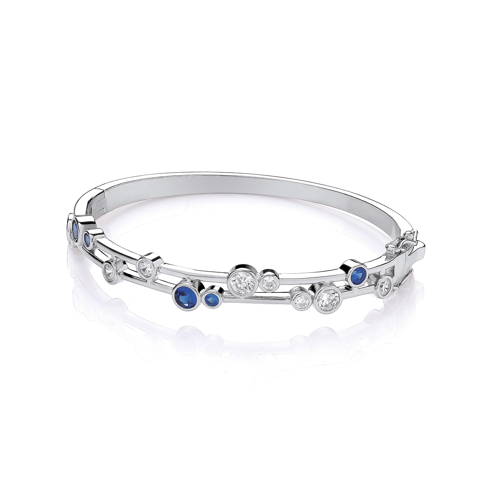 Timeless Rubover set Blue & Clear Cubic Zirconias Ladies J-Jaz Bangle - Silver