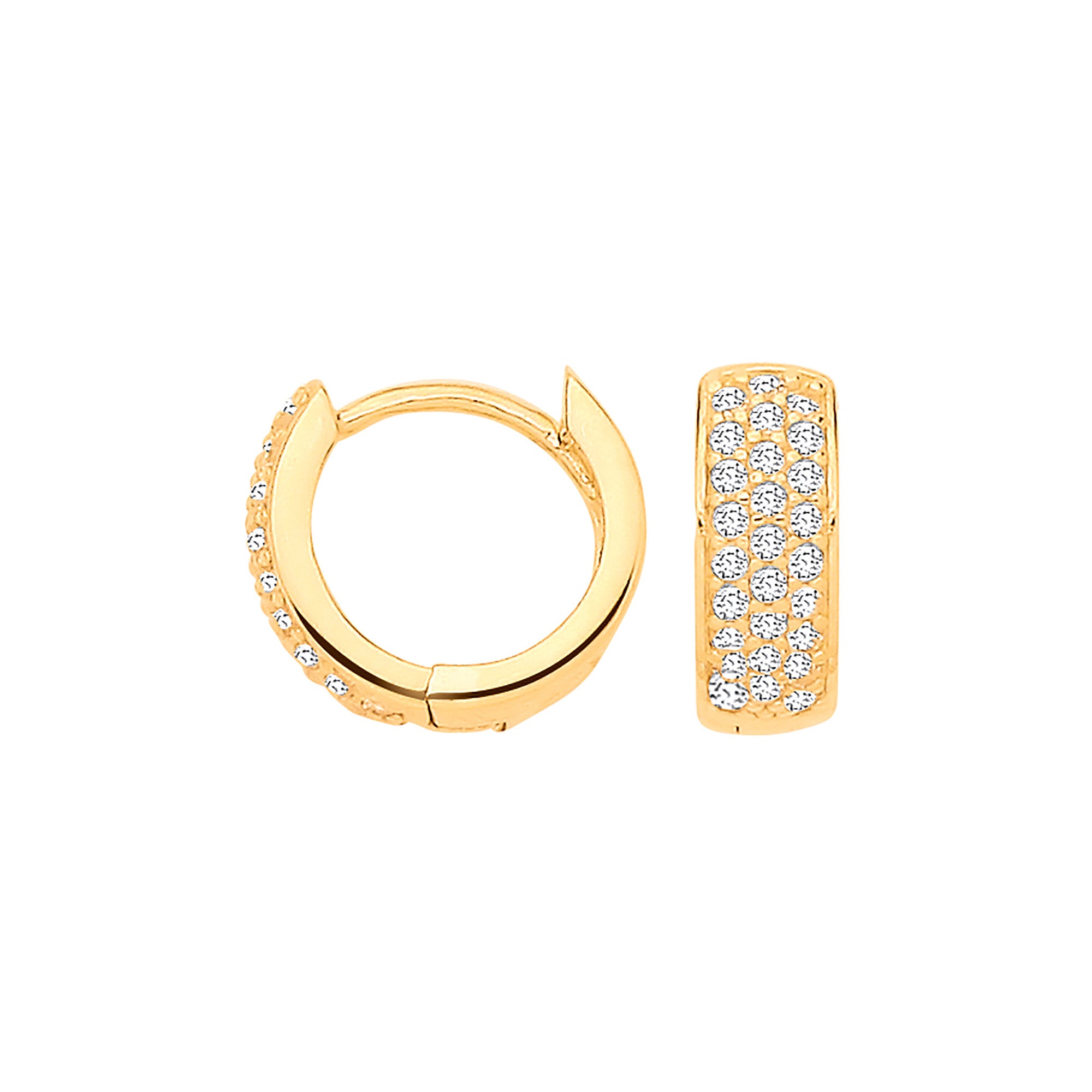 Yellow Gold Three Rows of Cubic Zirconias Small Huggies - 9ct Gold