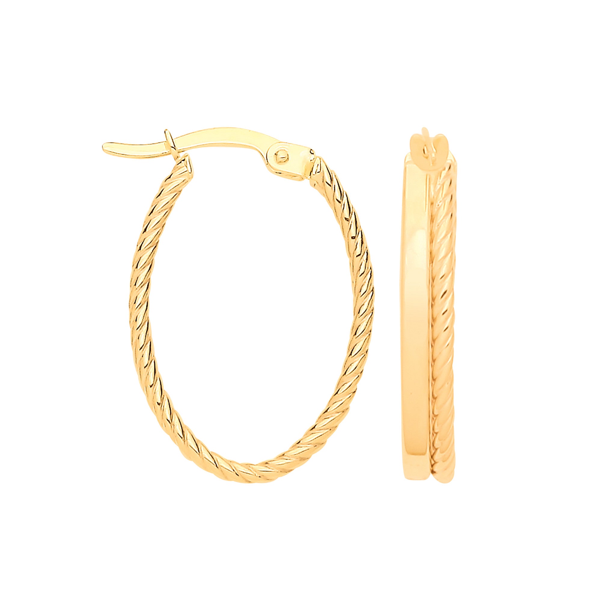 Yellow Gold Double Tube, Plain & Twisted Oval Hoops - 9ct Gold