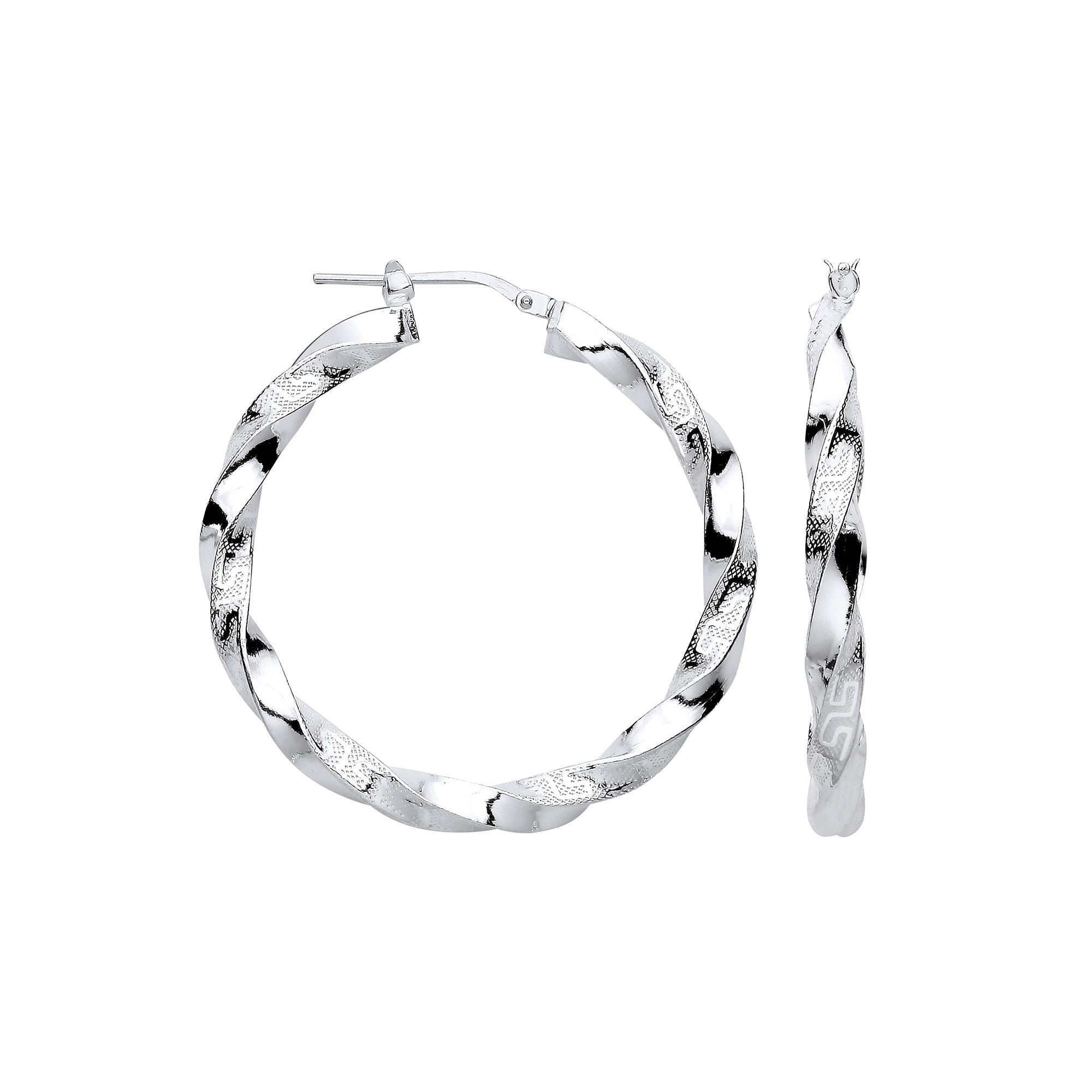 Silver Greek Key Twist Hoop 37mm Earrings - Silver