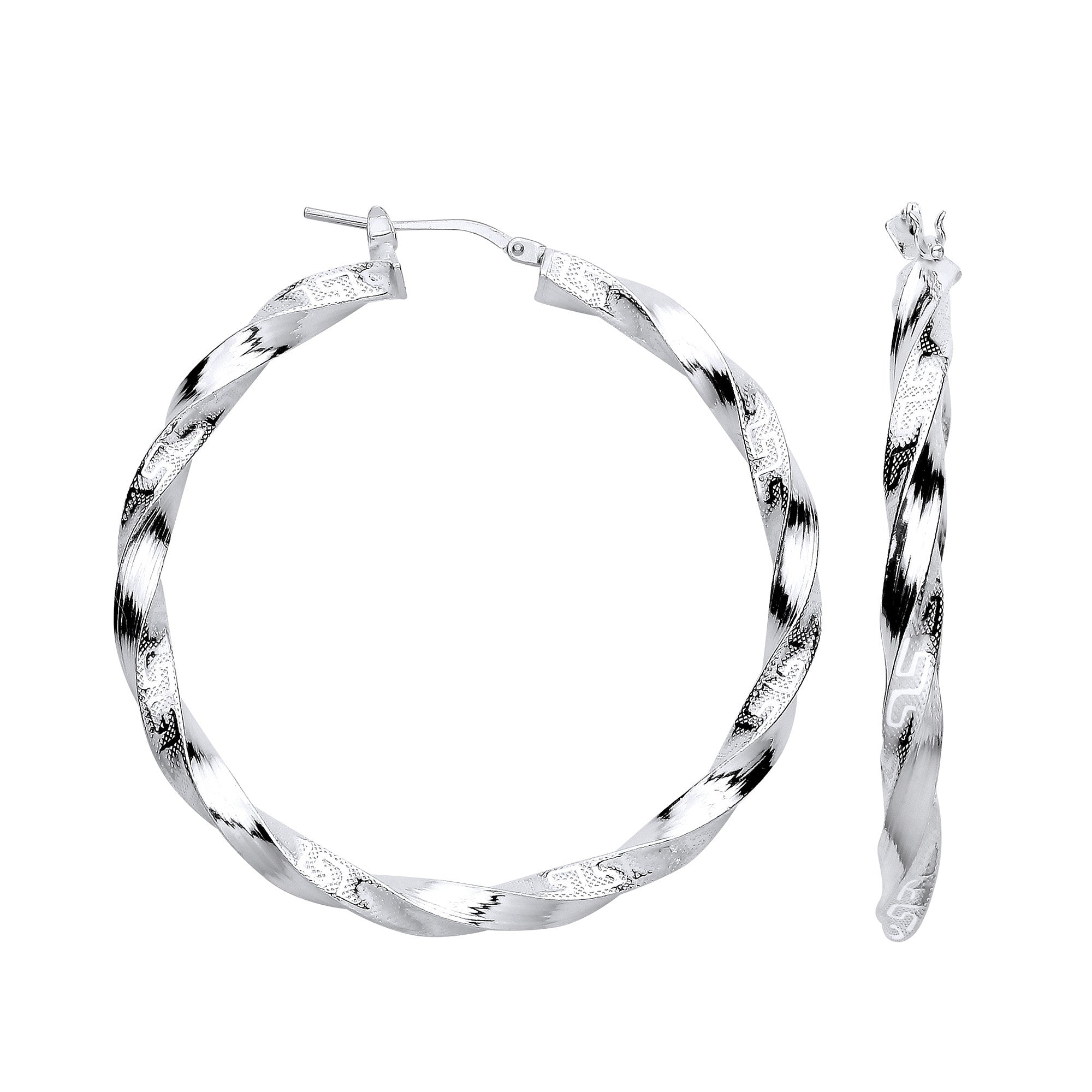 Silver Greek Key Twist Hoop 48mm Earrings - Silver