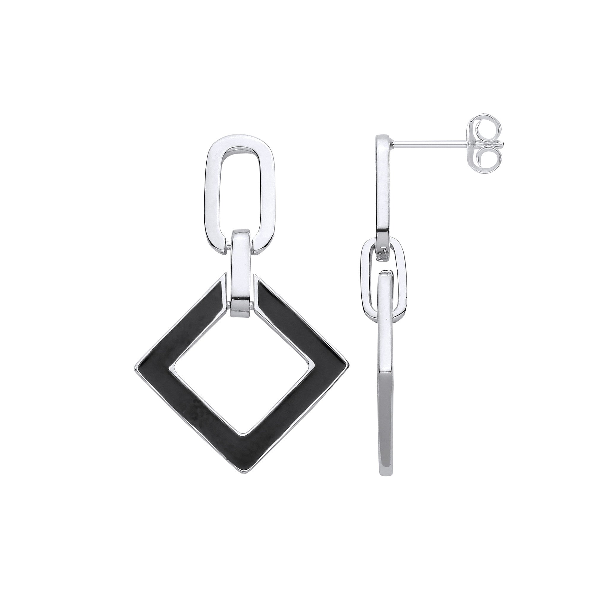 Silver Square Black Enamel Drop Earrings - Silver