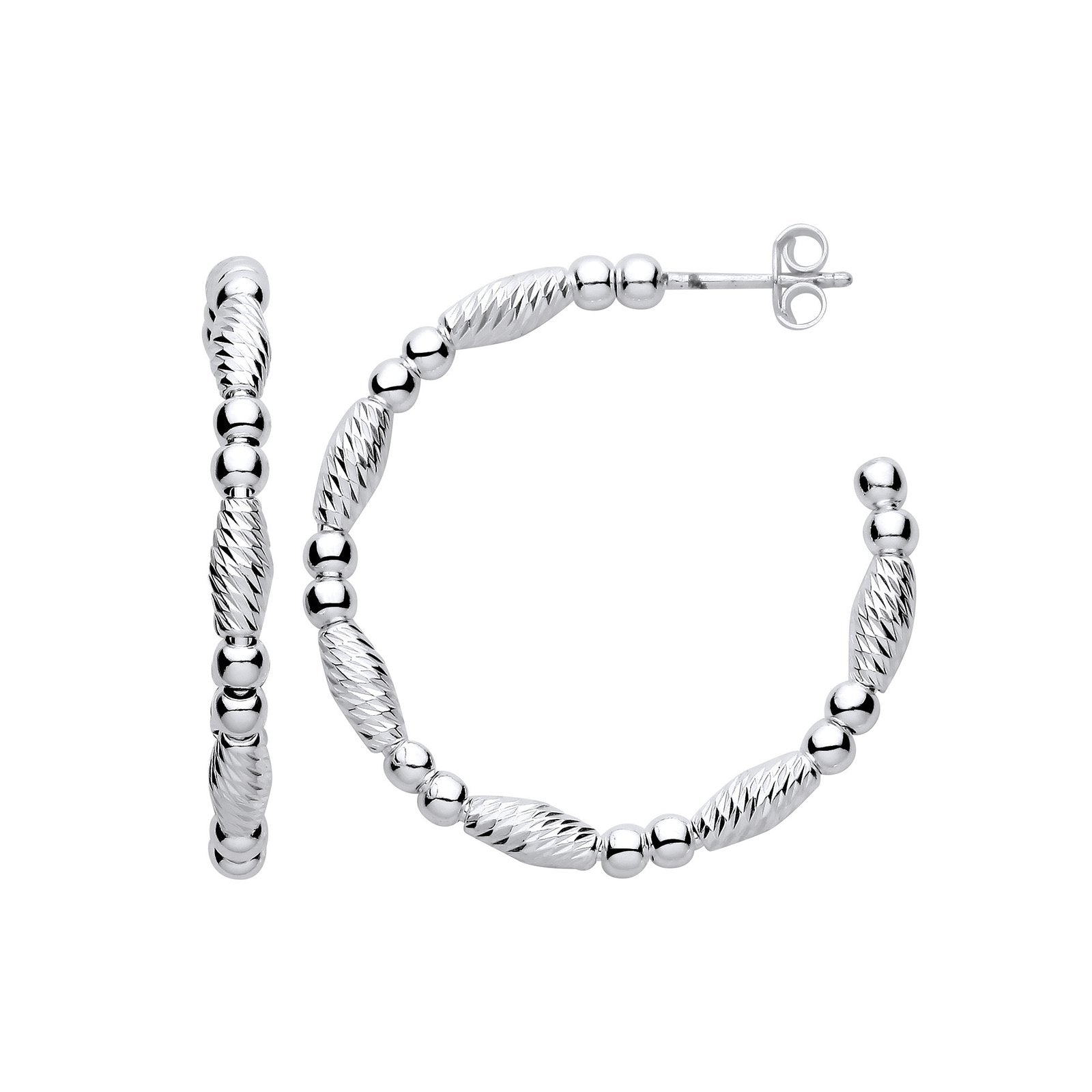 Silver Beads and Twist Medium Hoop Earrings
