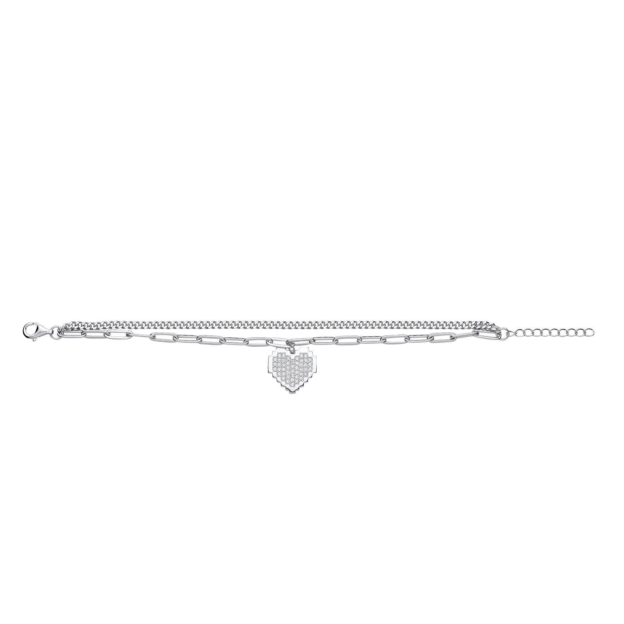Silver Curb & Paper Clip Chain with Cubic Zirconia Heart Bracelet - Silver